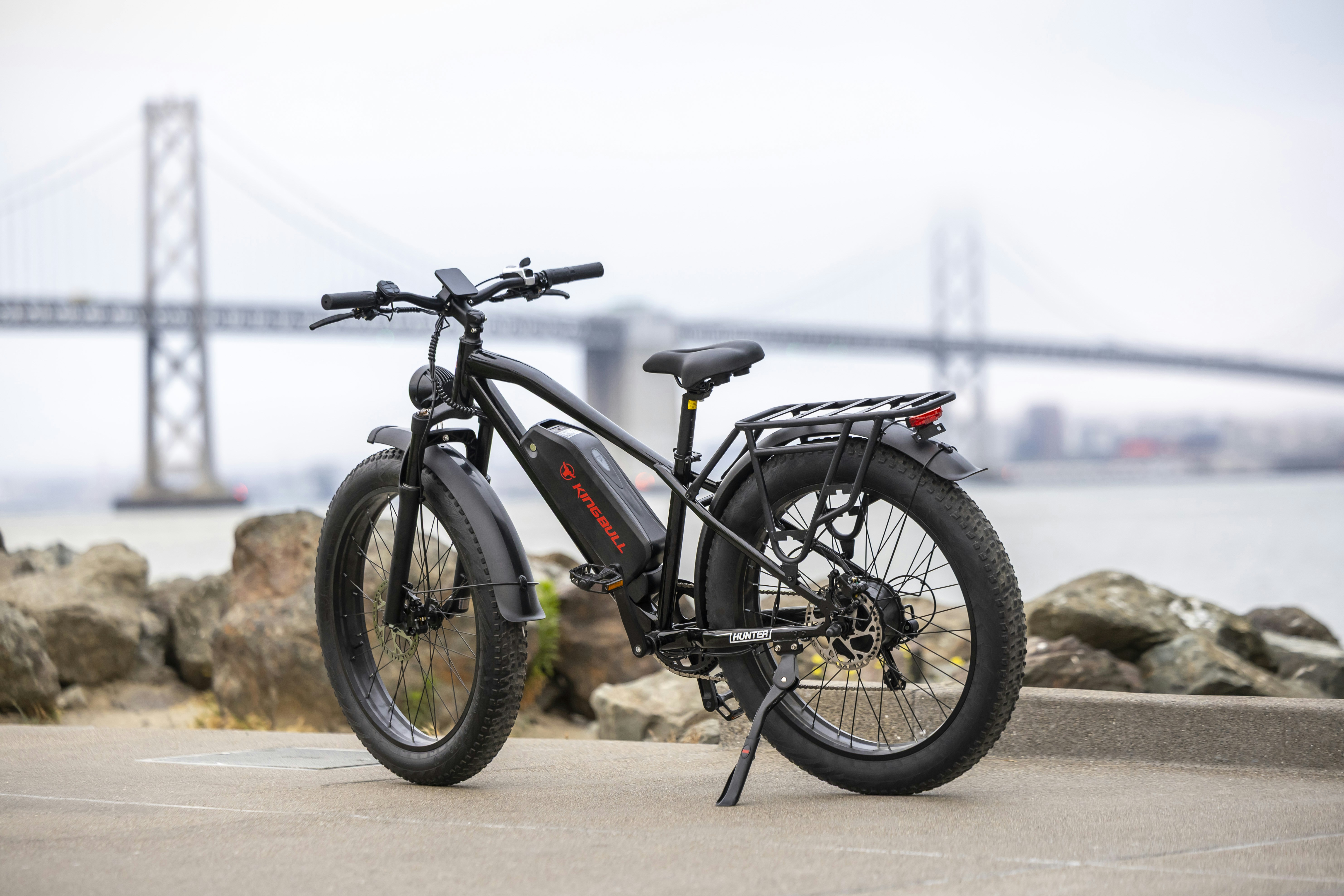 Black electric fat-tire bike parked outdoors near a suspension bridge.