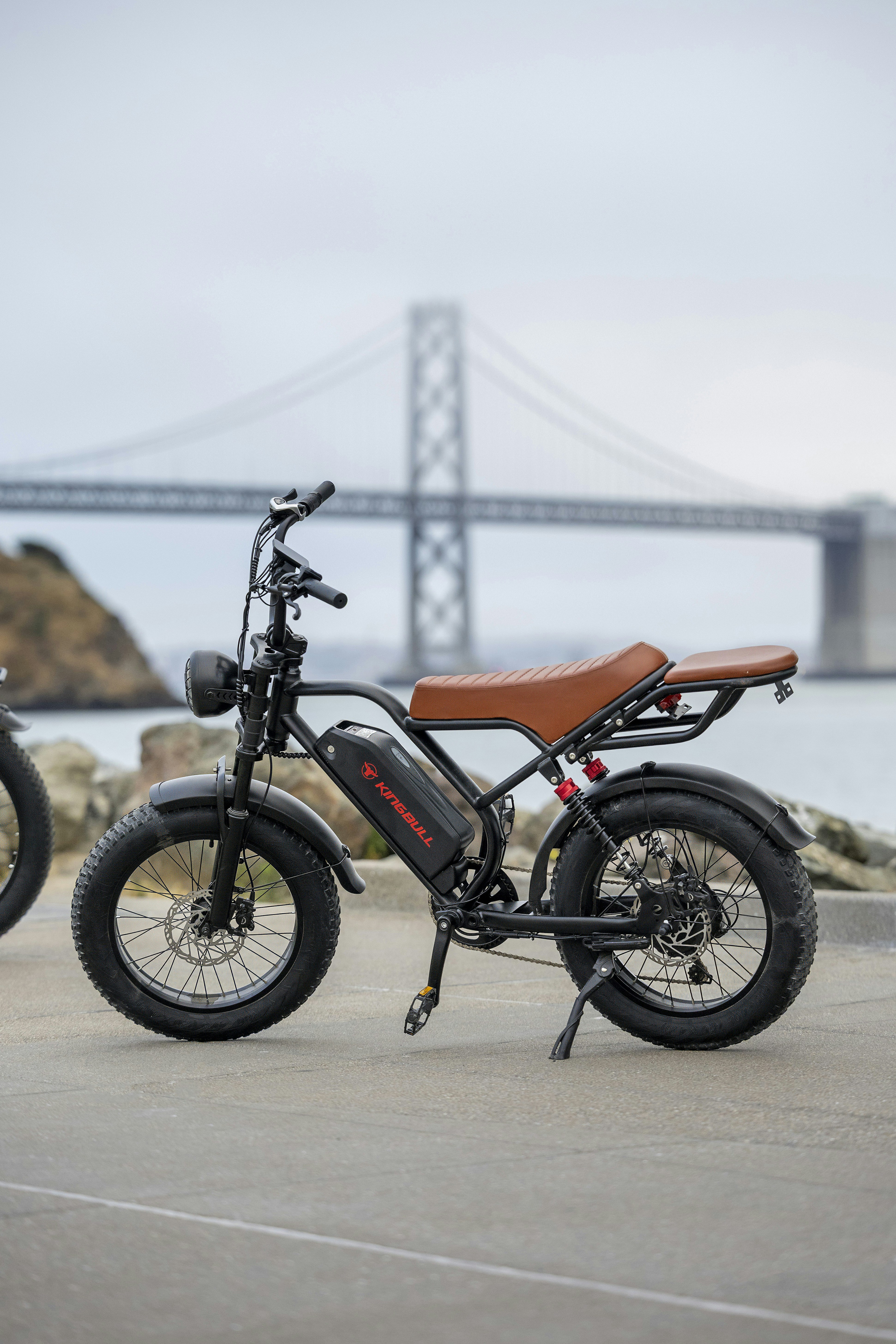 Retro-style electric bicycle parked outdoors with a suspension bridge.