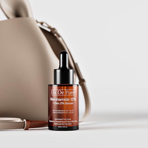 Skincare serum bottle with front-facing branded label