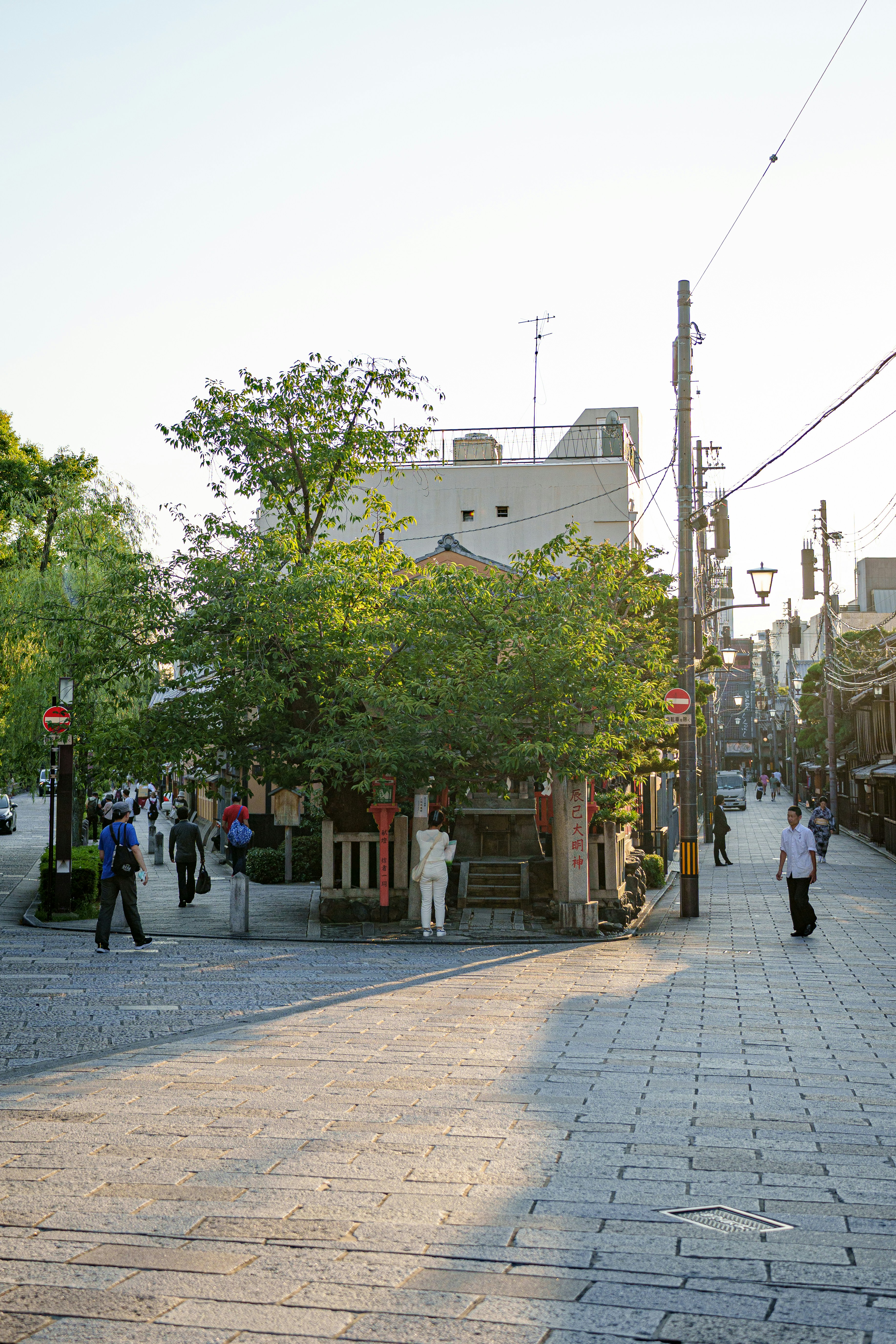 Sunlit street with pedestrians, trees, and traditional buildings.