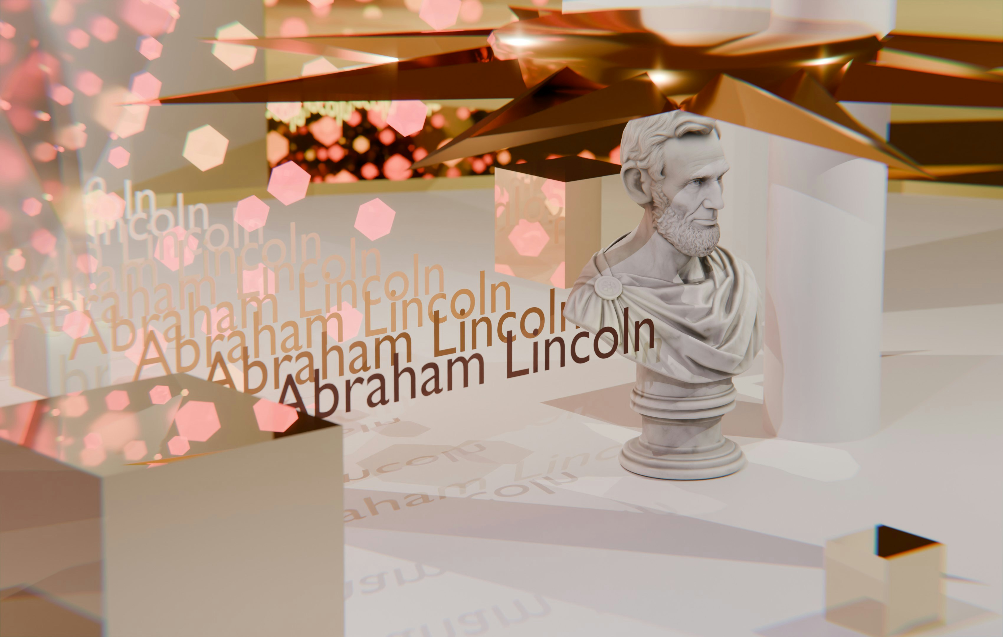 Abraham lincoln bust with repeating text and sparkling abstract background.