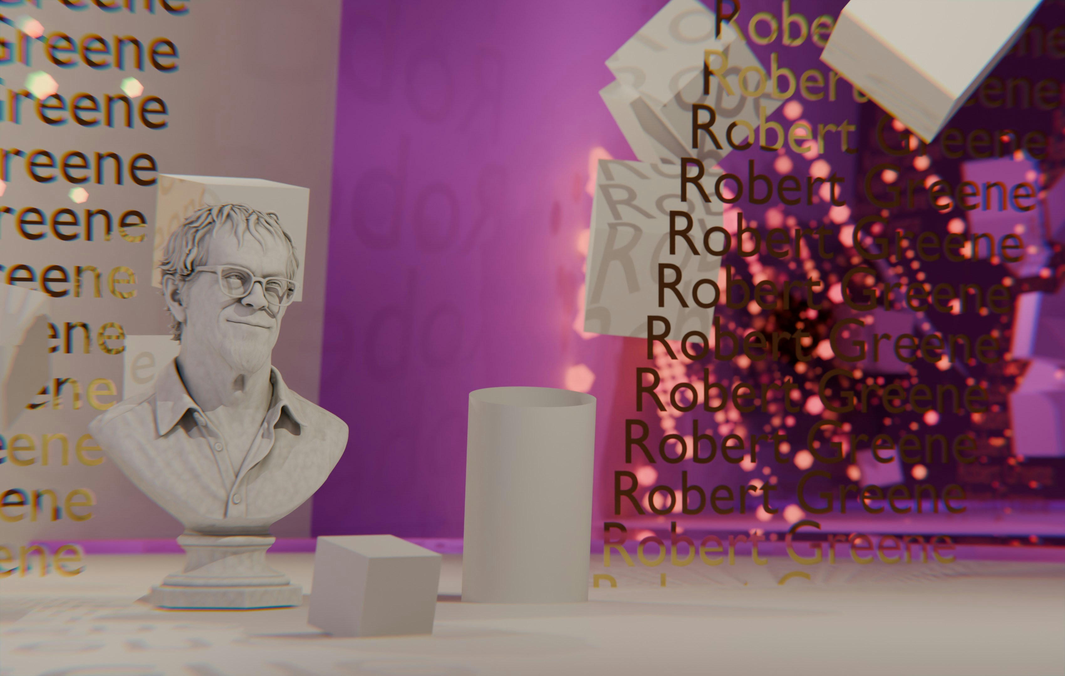 White bust, geometric shapes, and 