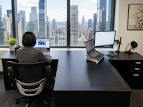 Woman working on laptop at office desk with city view.