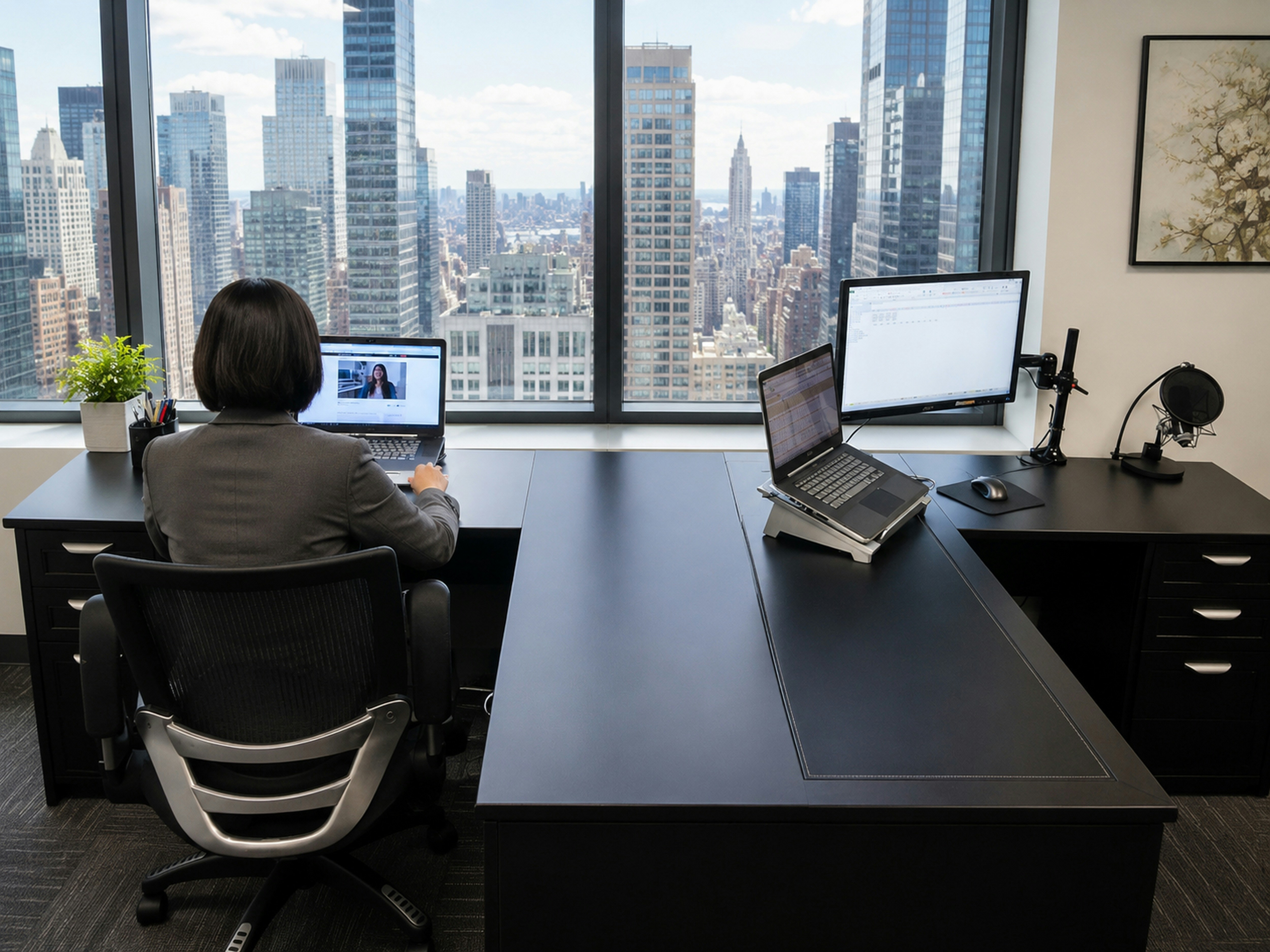 professional working with multi-monitor workstation in corporate office