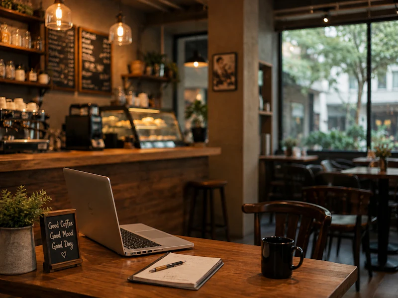 Laptop, notebook and coffee mug on a wooden table, ready for business planning