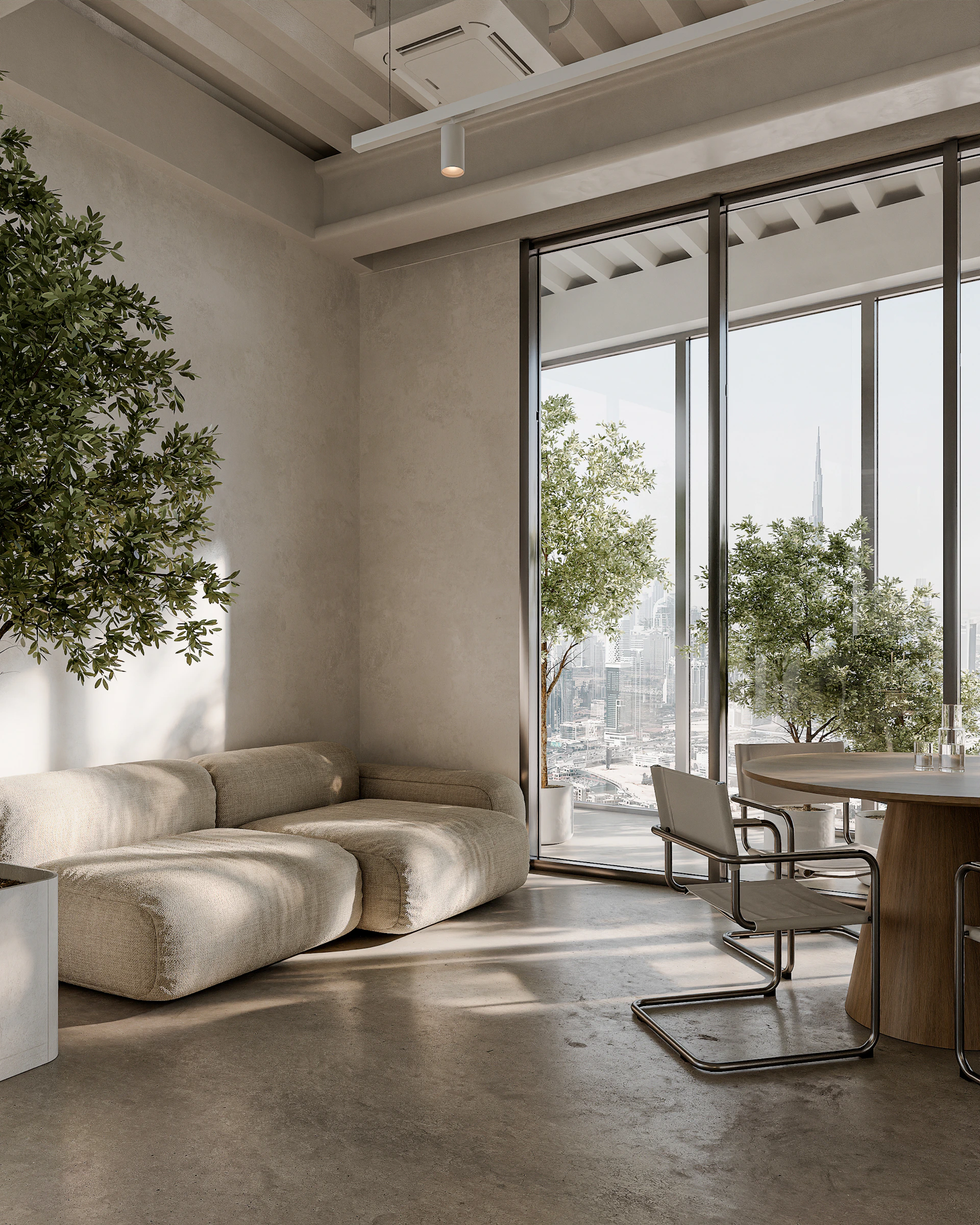 Stylish minimalist interior with plants, sofa, and city view