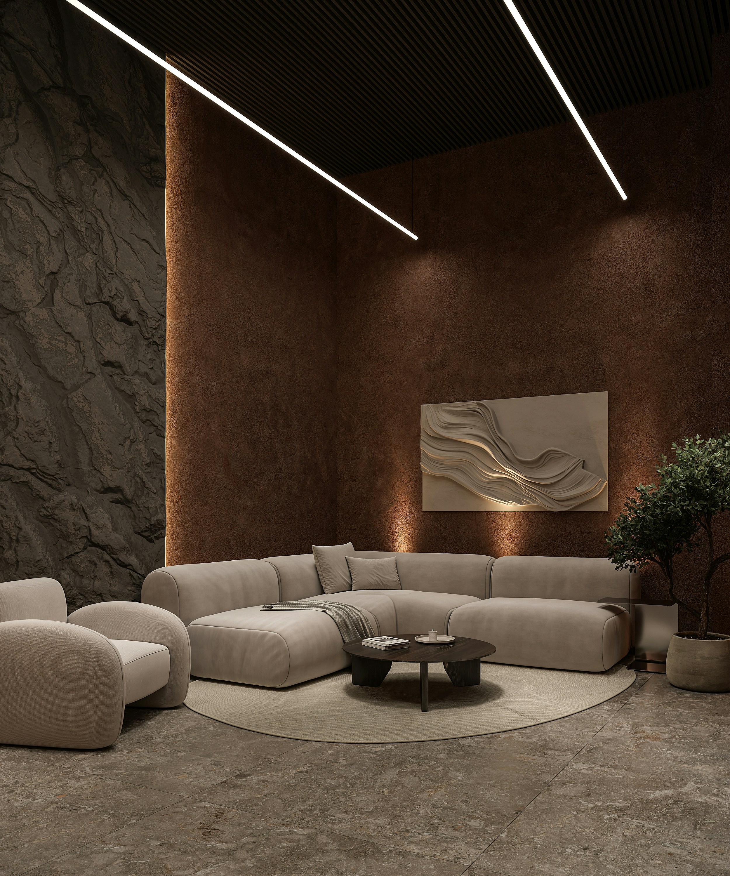 Interno contemporaneo con divano modulare e illuminazione calda