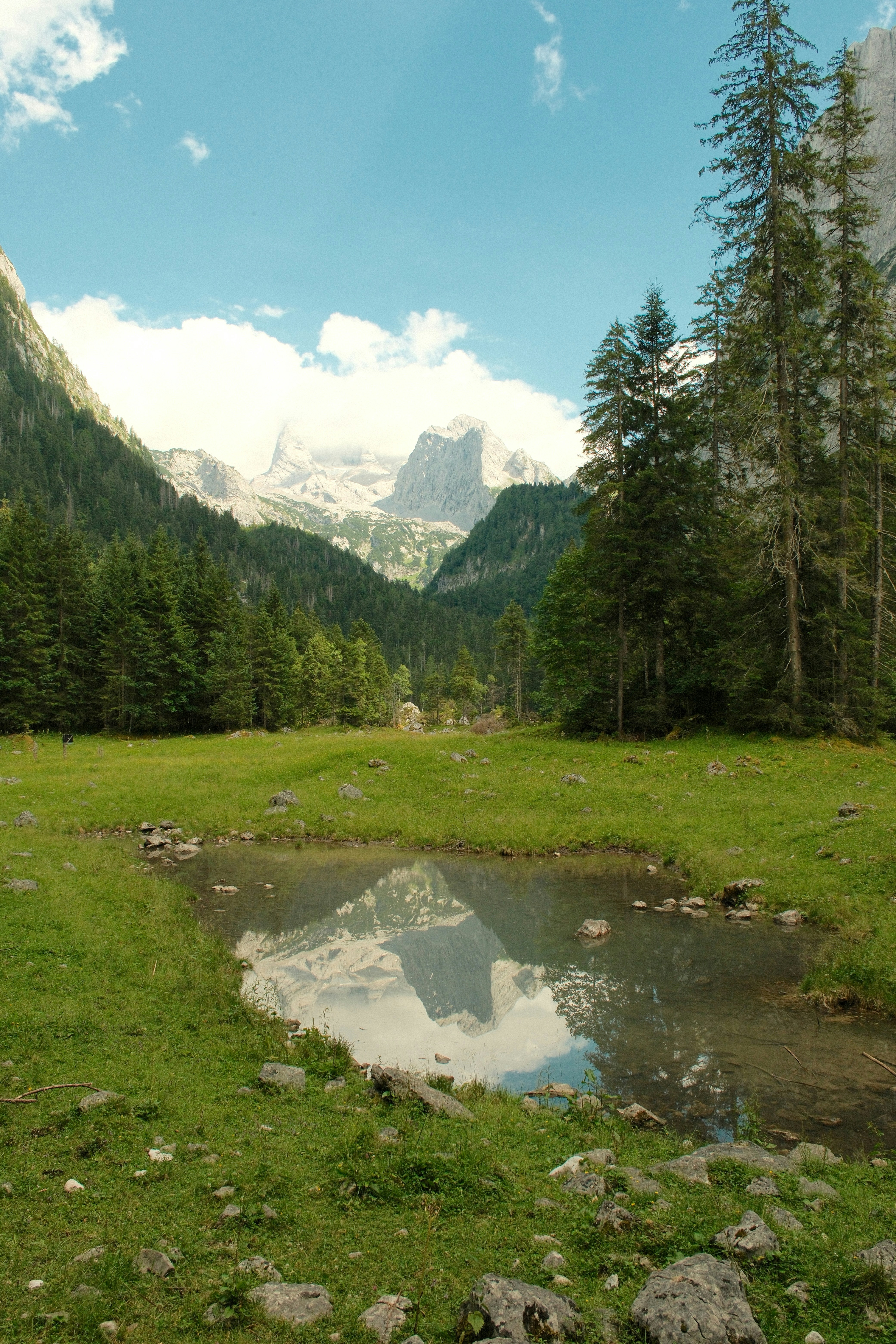 Pond reflects mountains and sky in a green valley