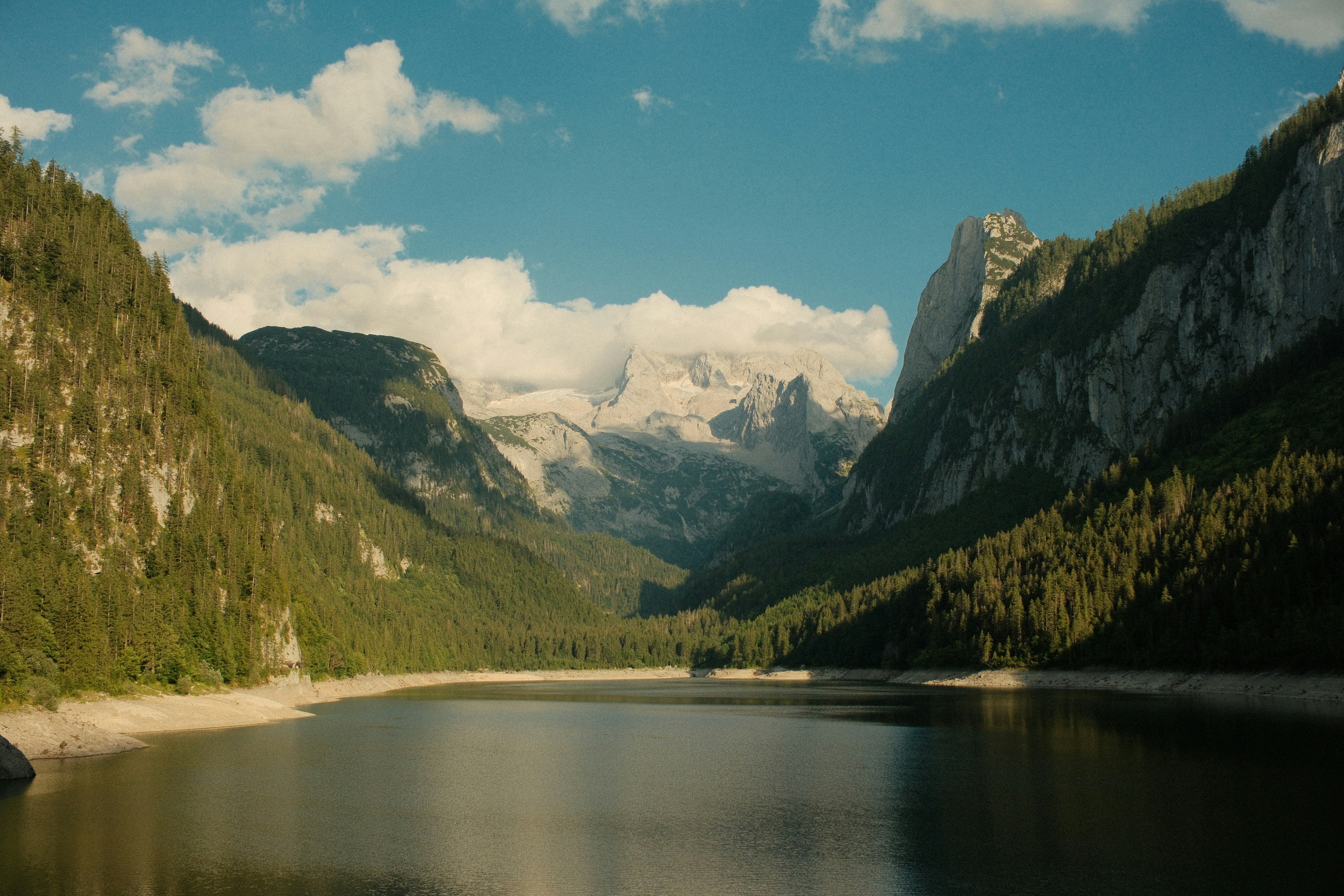 Lake surrounded by forested mountains under a blue sky