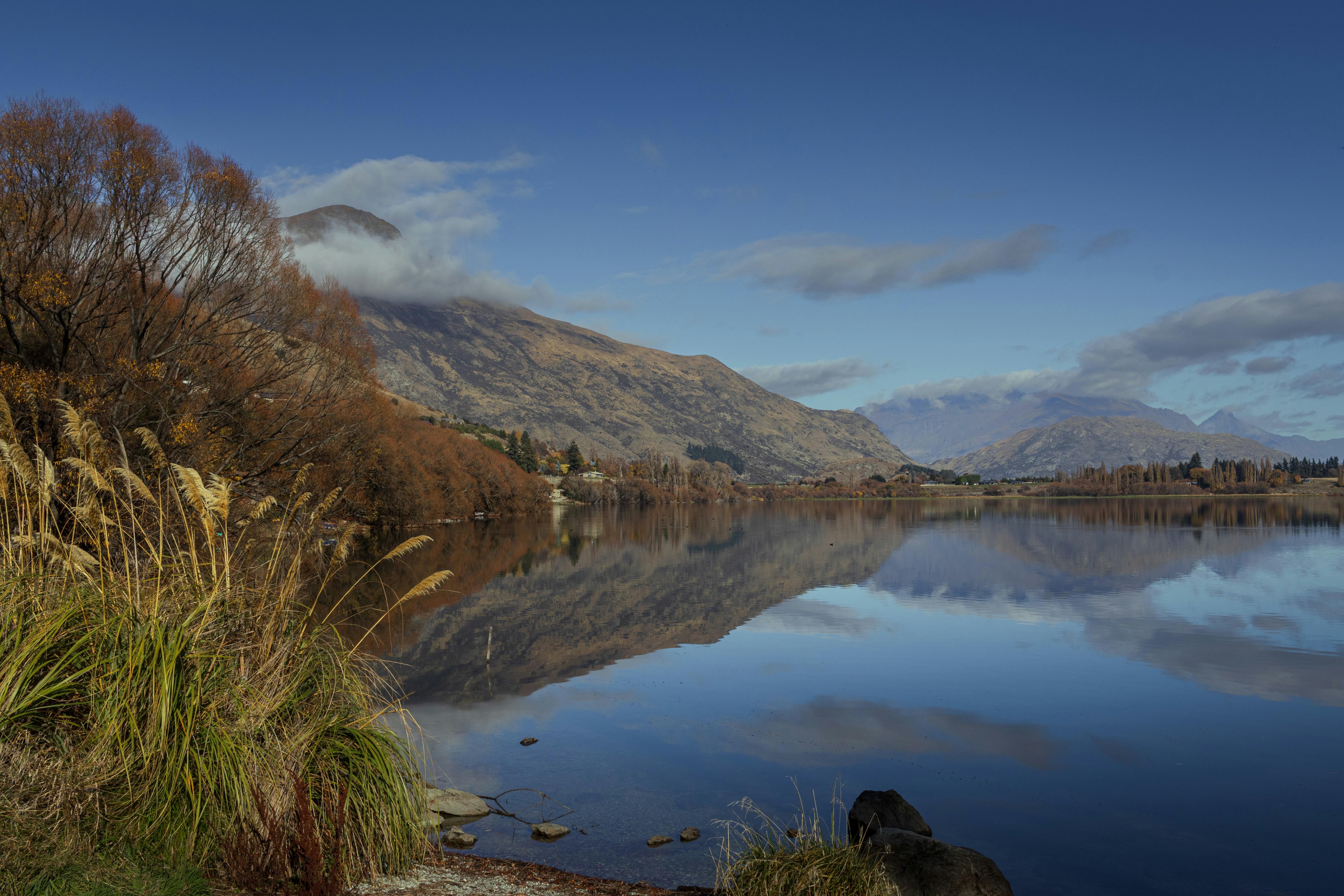 A serene lake reflects mountains and sky with tall grass.