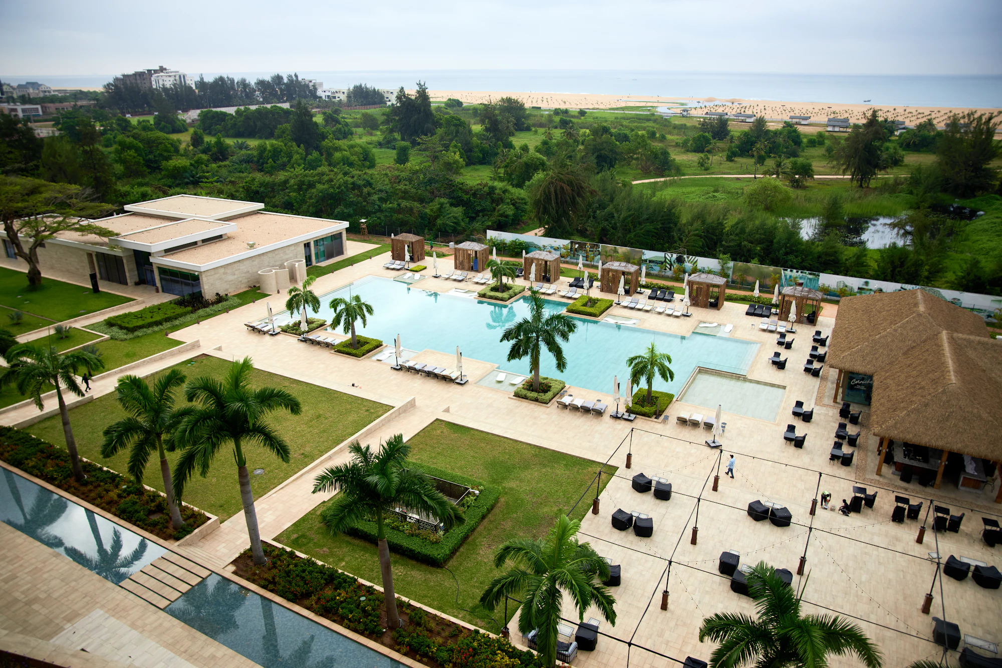 Resort pool deck and grounds seen from above
