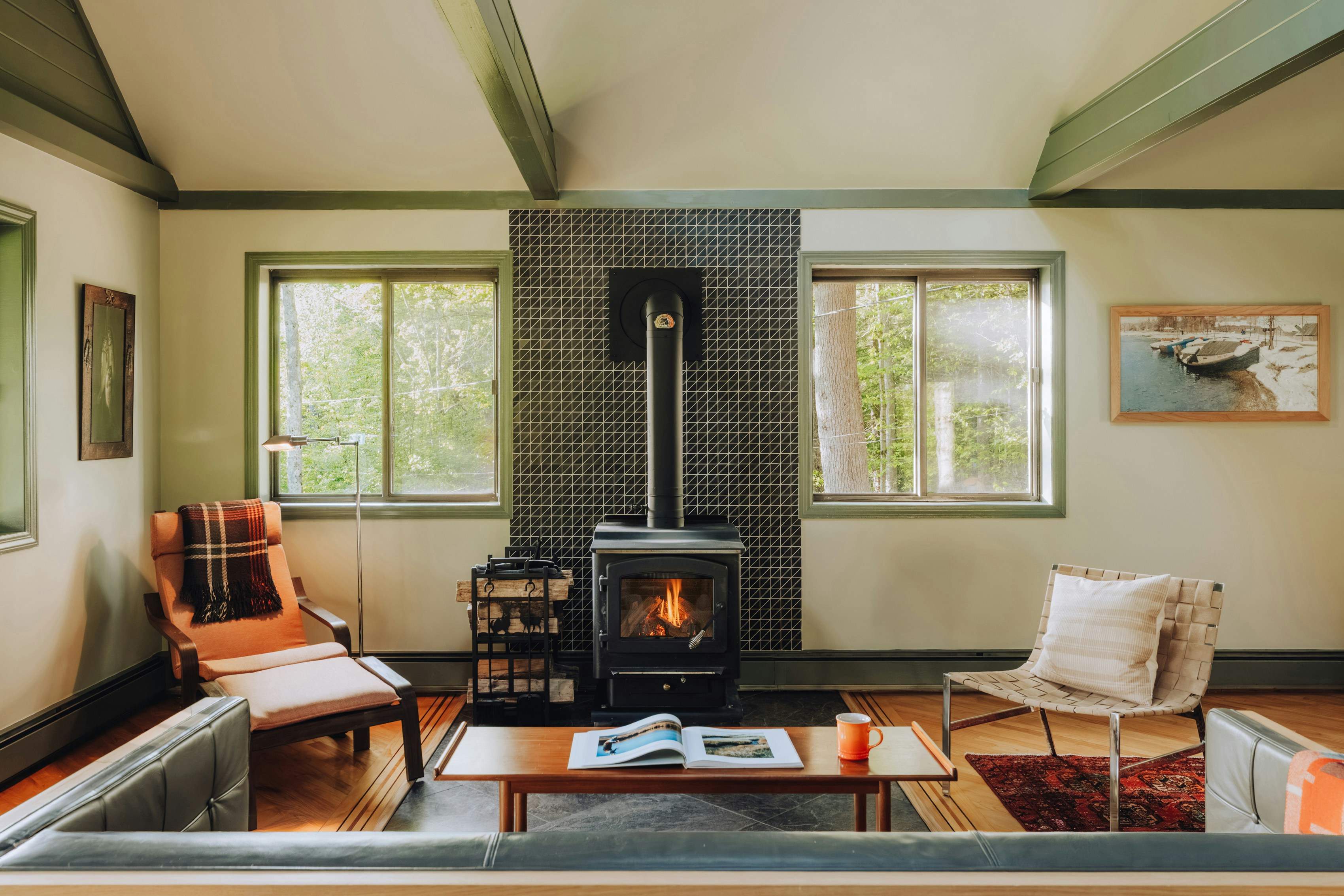 Living room with wood-burning stove and cozy seating