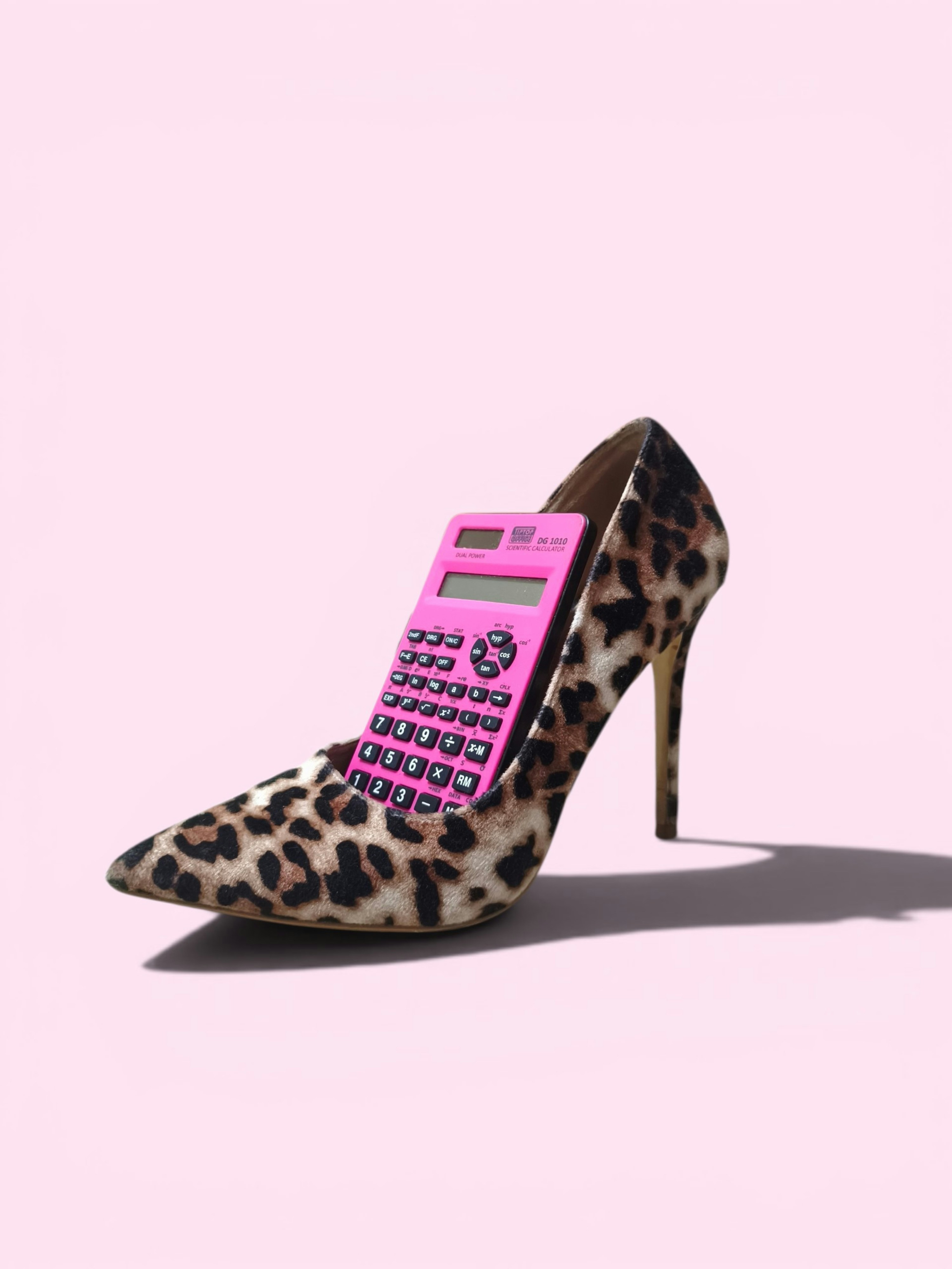 Pink calculator in a leopard print high heel.