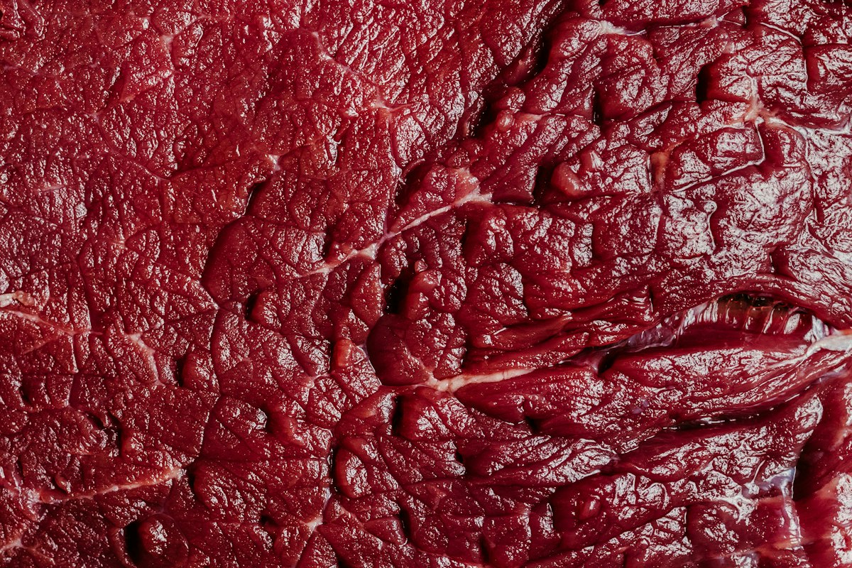 Close-up of lean raw beef with visible grain, sliced for jerky