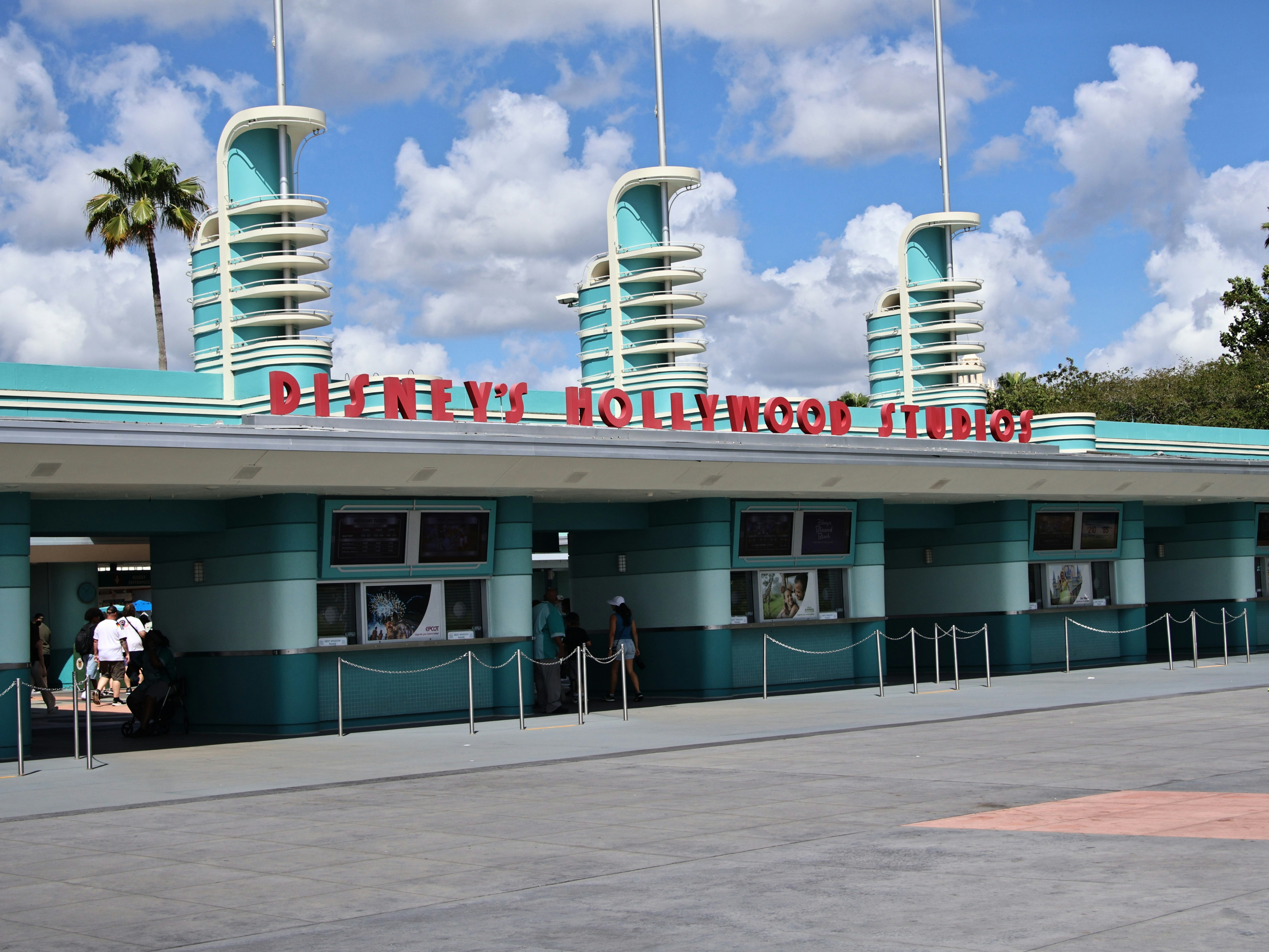 Disney's hollywood studios entrance with art deco architecture.
