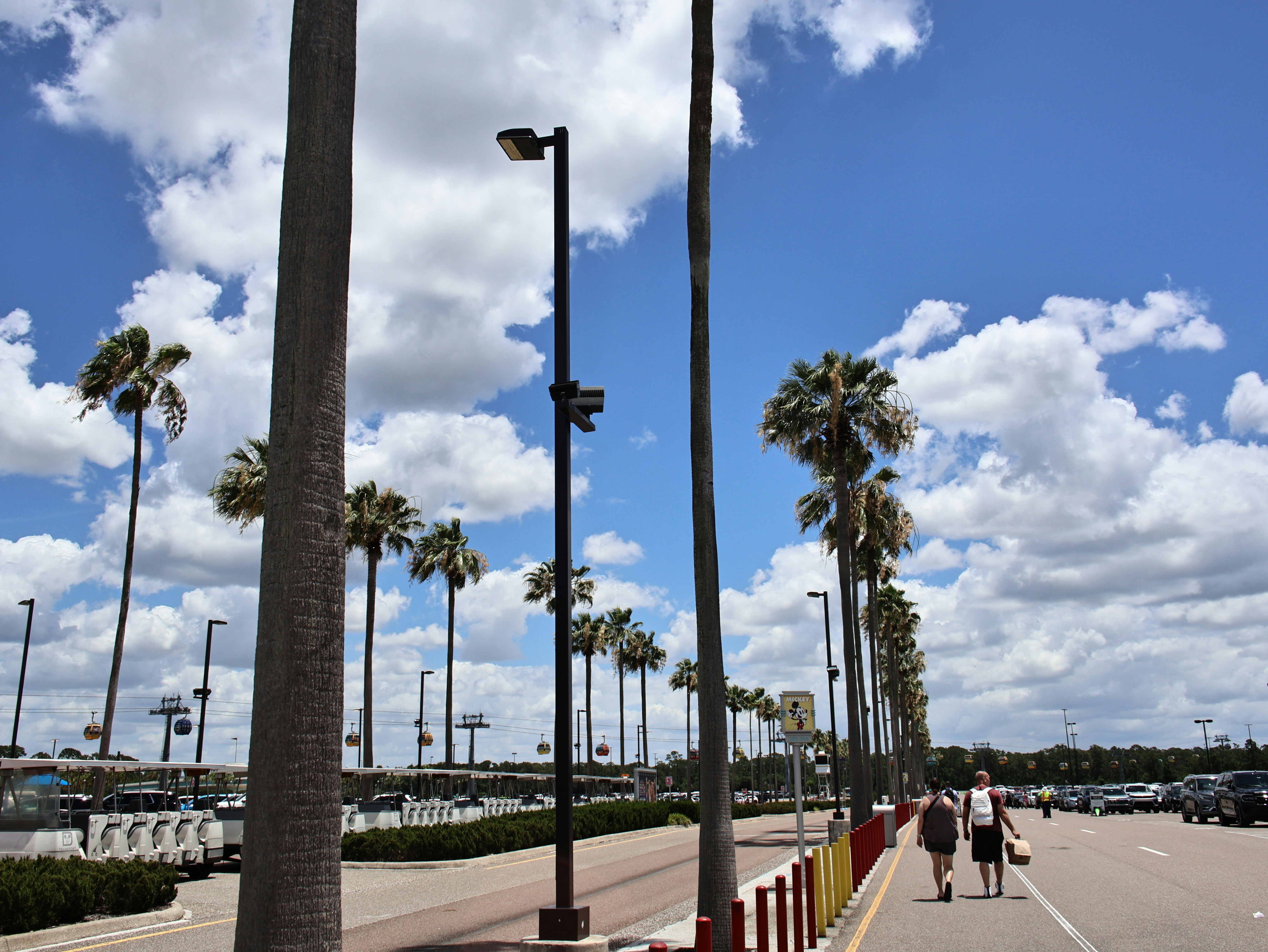 People walk past palm trees in a sunny parking lot.