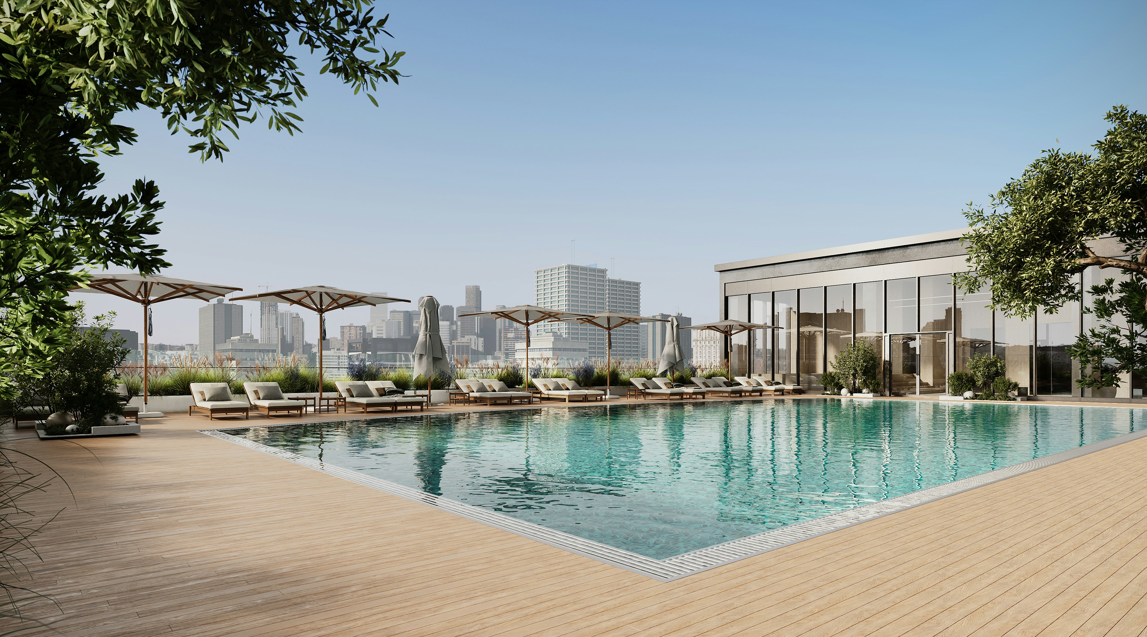 A luxurious rooftop swimming pool with city skyline views.