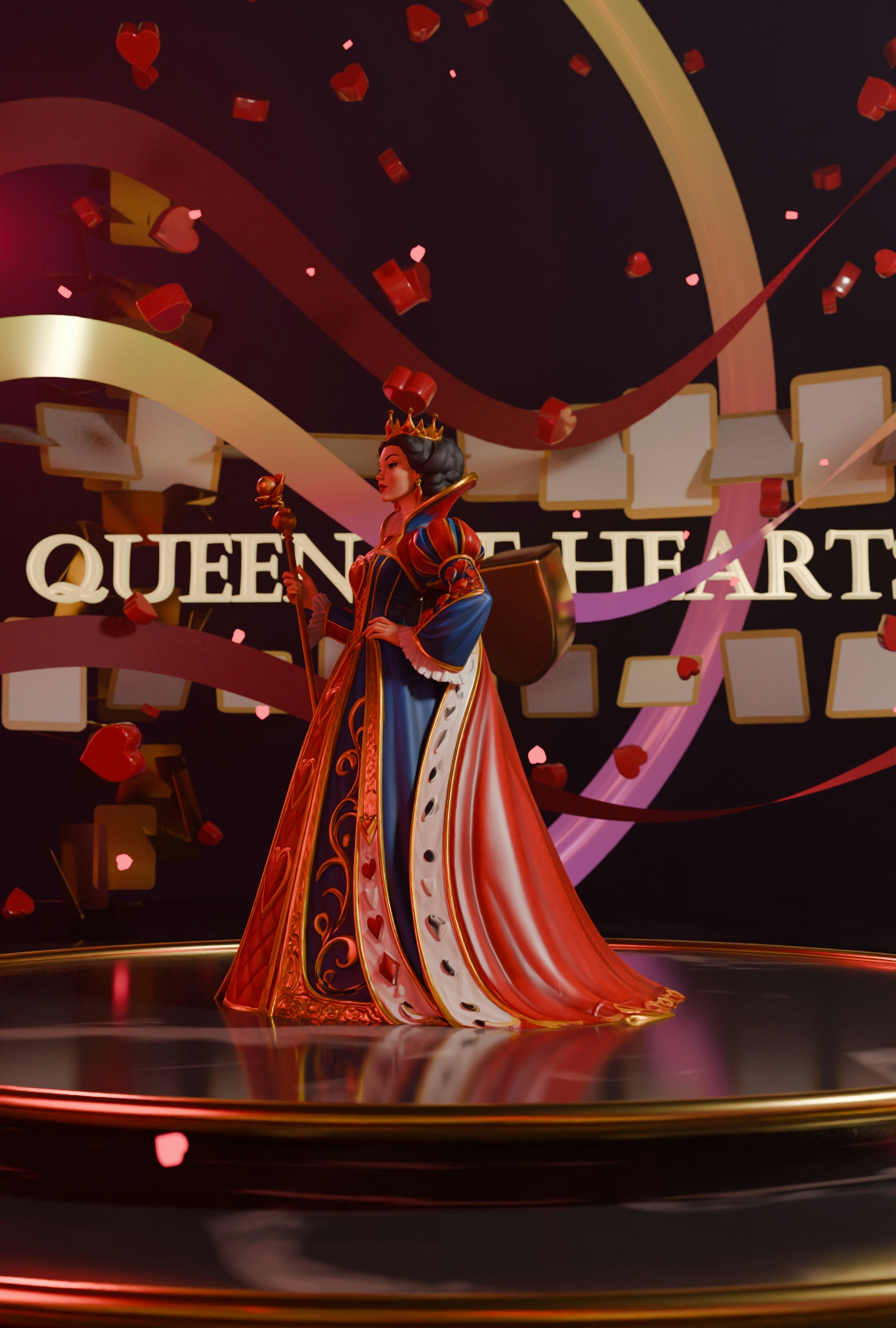 Queen of hearts figurine on a stage with floating hearts
