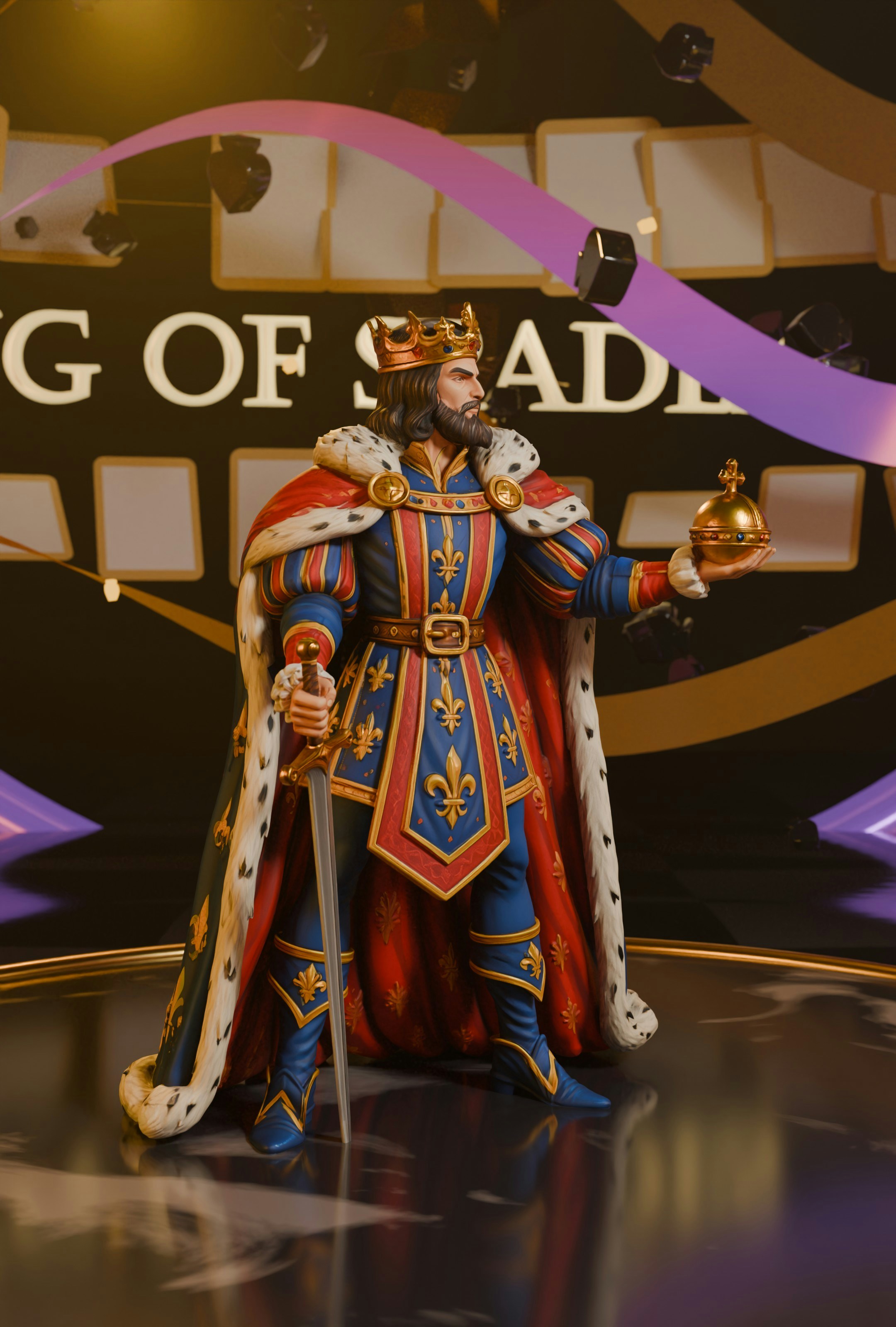 King of spades figure holding a sword and golden orb.