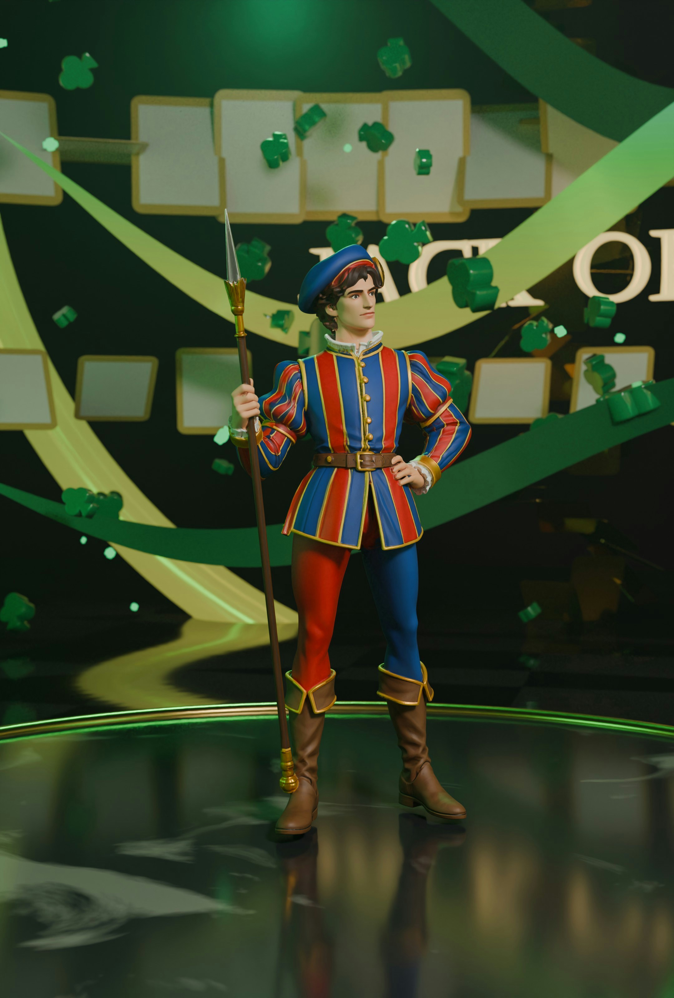 Figura fantasiada com uma lança em um palco verde vibrante.