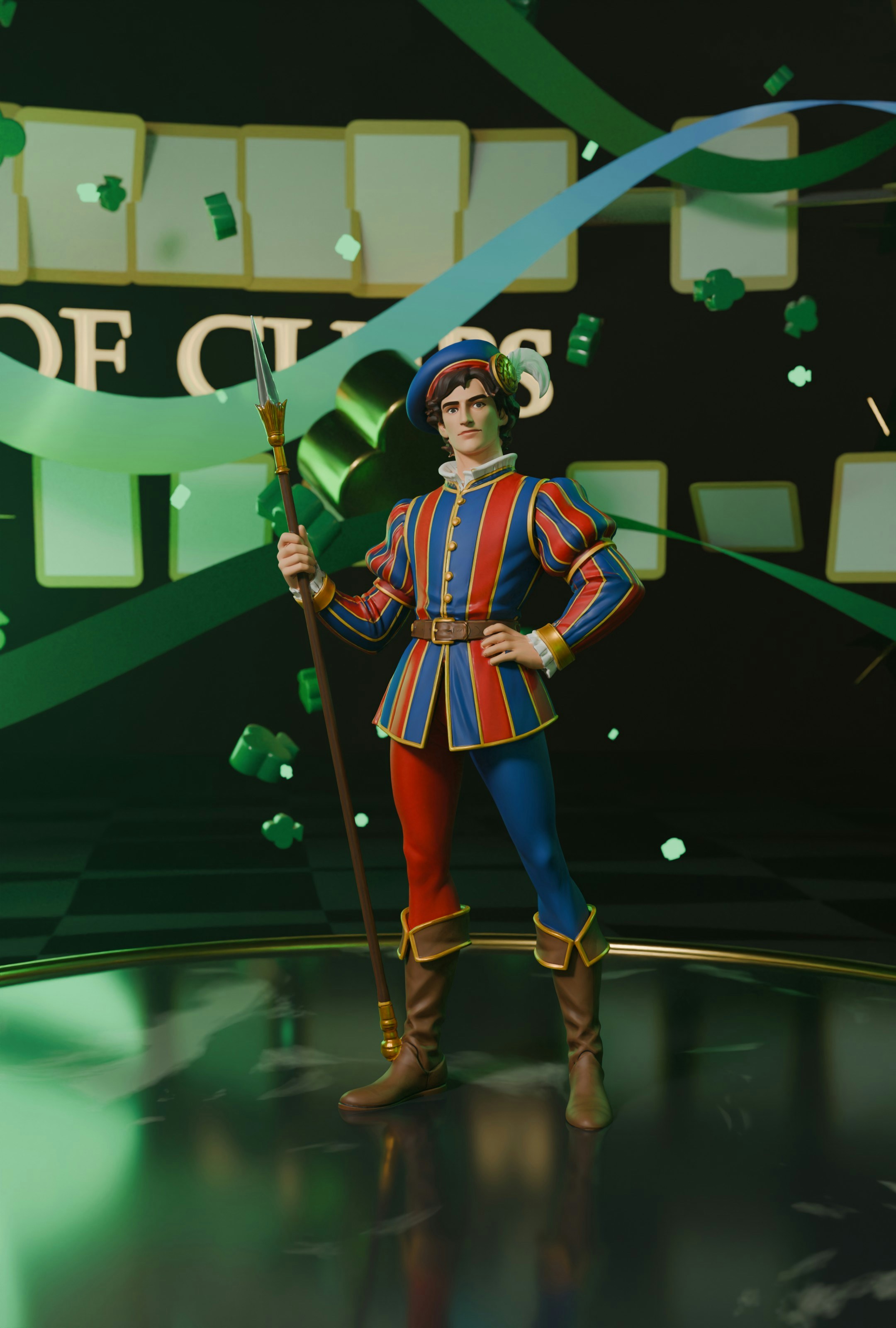 Um homem com um uniforme colorido de guarda segurando uma lança.
