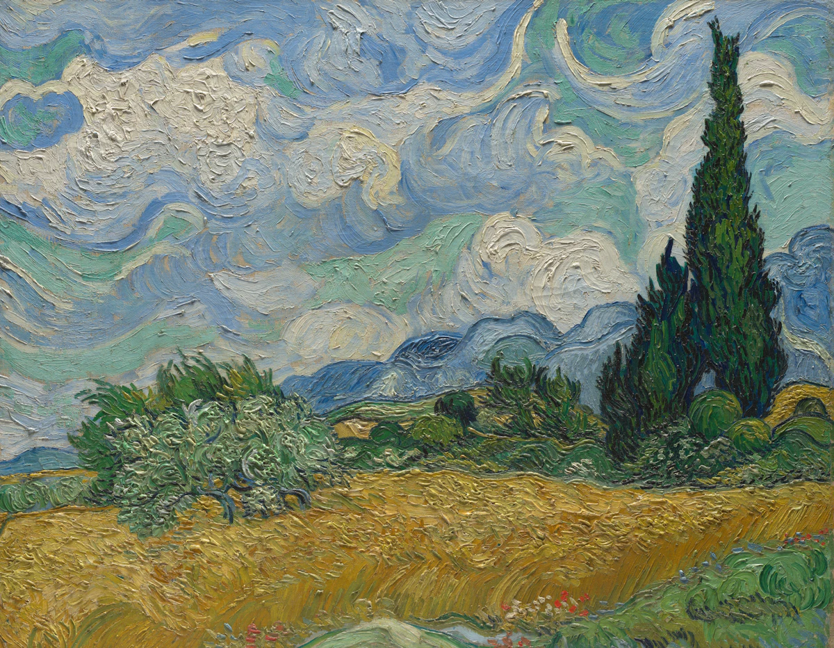 Van Gogh, a wheat field with cypresses under swirling clouds