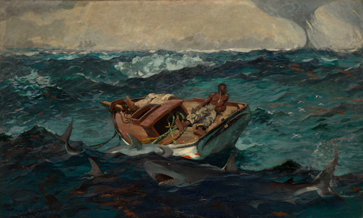 Stormy sea with a boat, person, sharks and waterspout from The Metropolitan Museum of Art collection