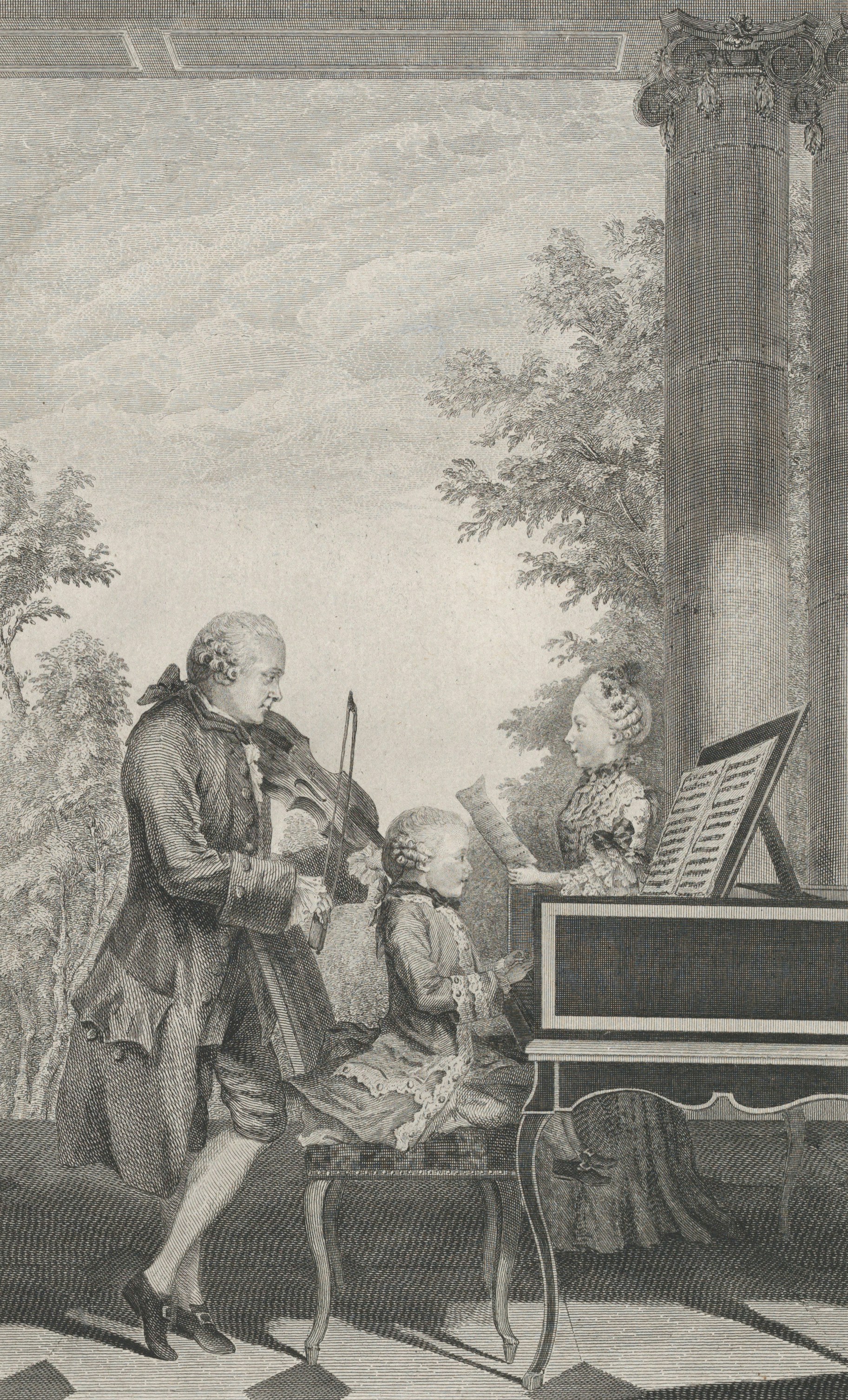 Man, woman, and child play violin and harpsichord