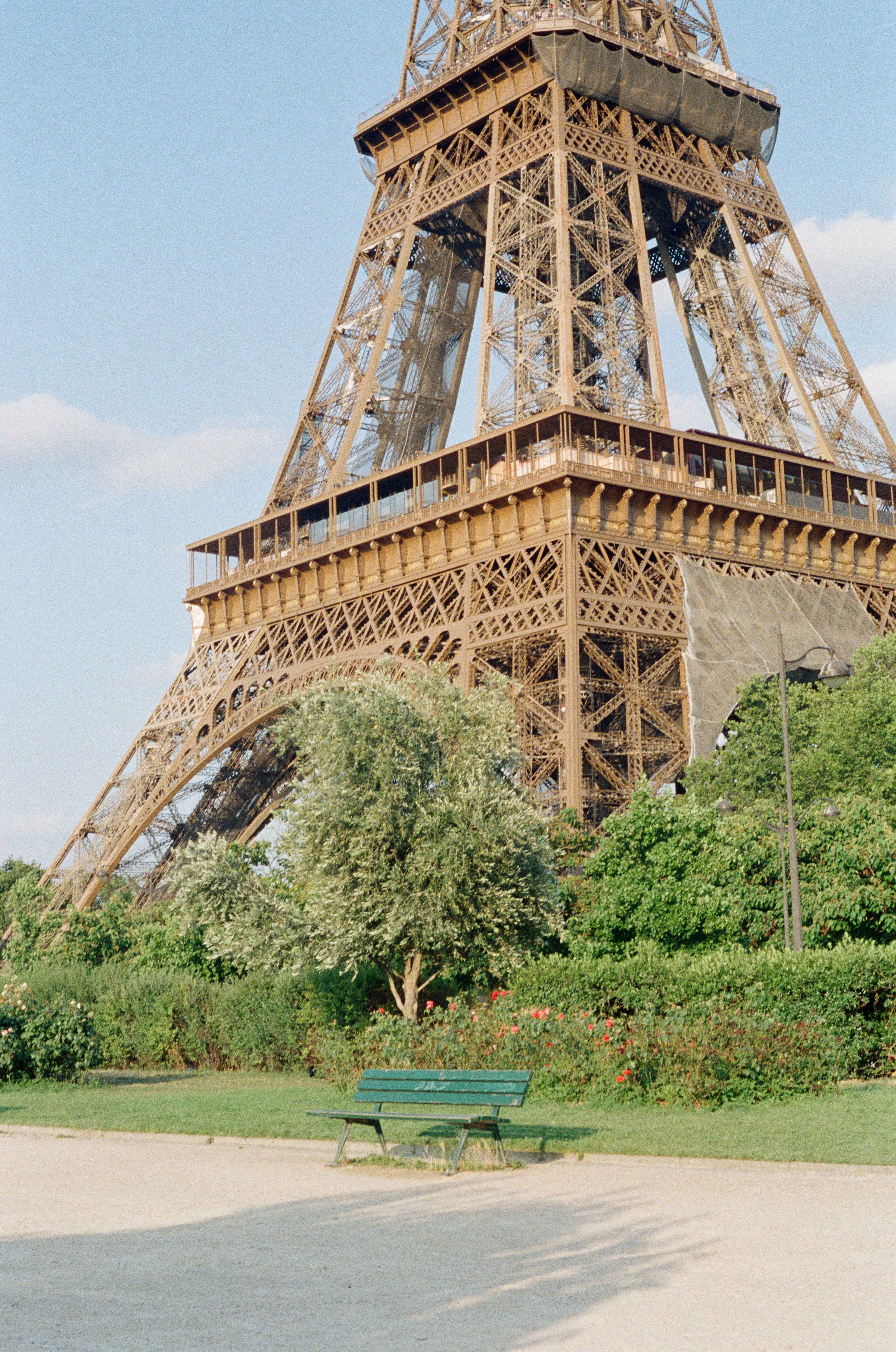 Eiffel tower rising above a park with a green bench.