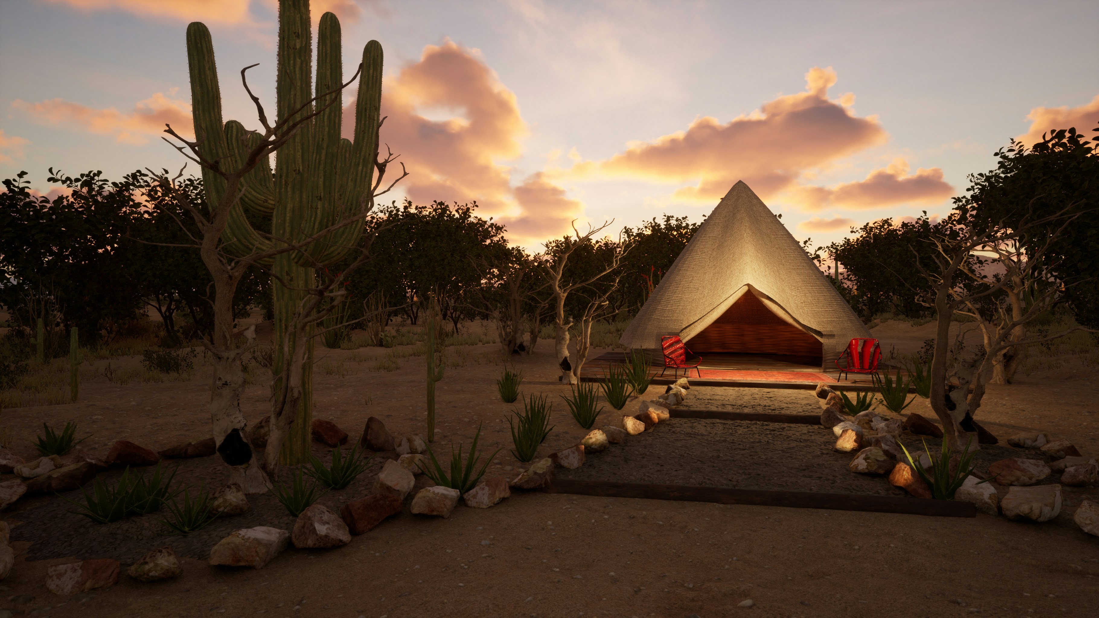 Desert glamping tent illuminated at sunset with a saguaro cactus