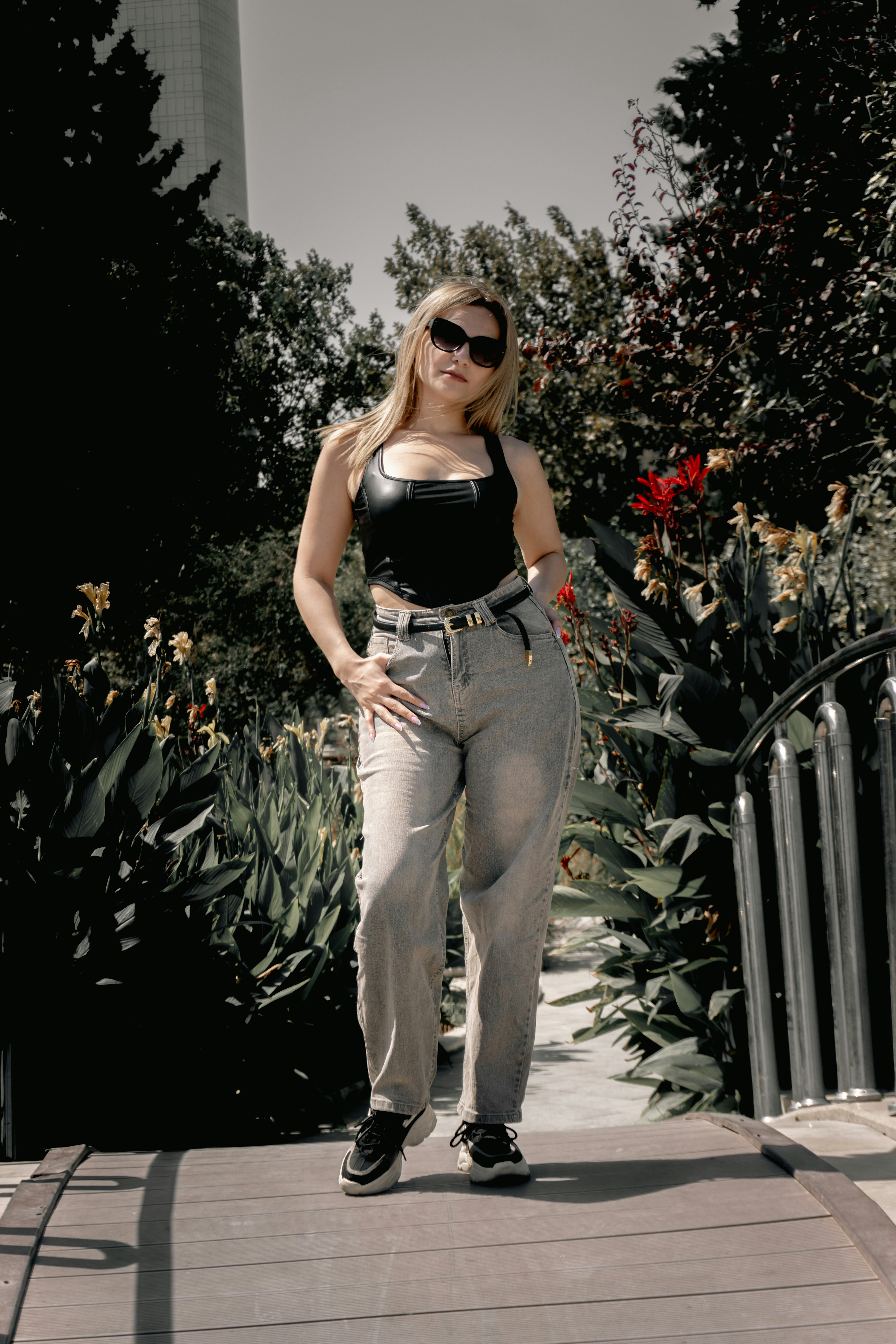 Woman wearing grey knit joggers
