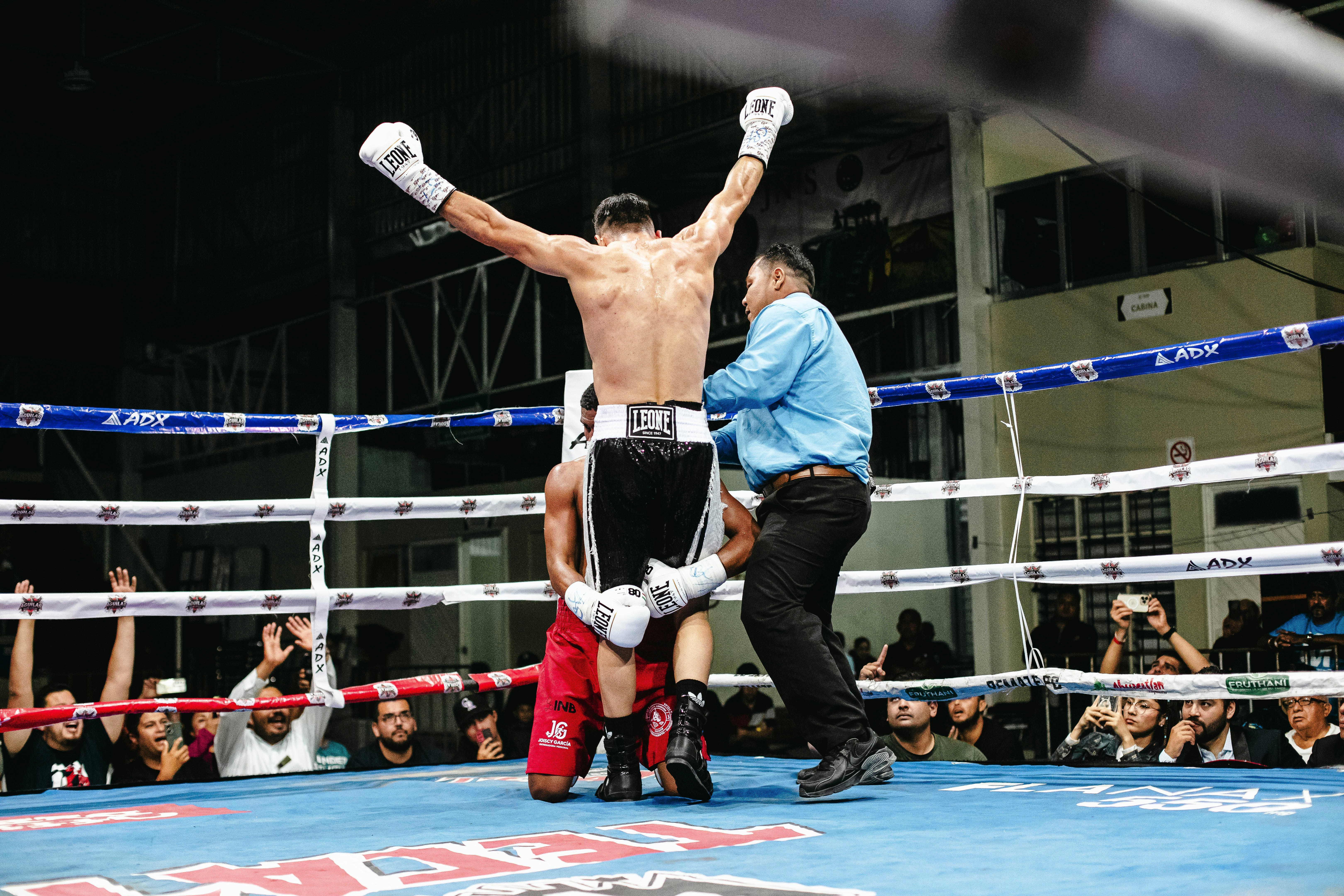 Boxer celebrates victory with arms raised in the ring.