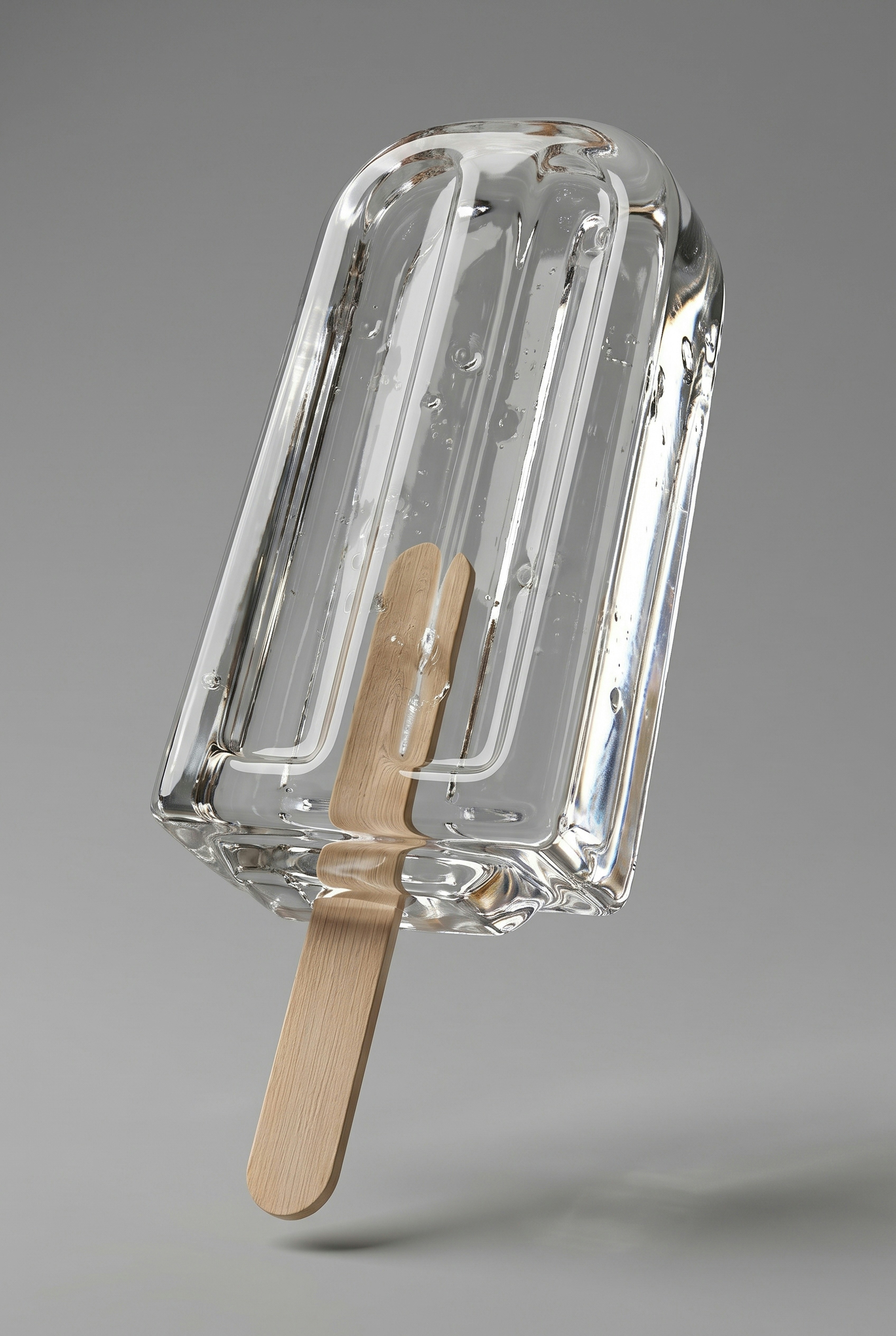 Clear glass popsicle on a wooden stick.