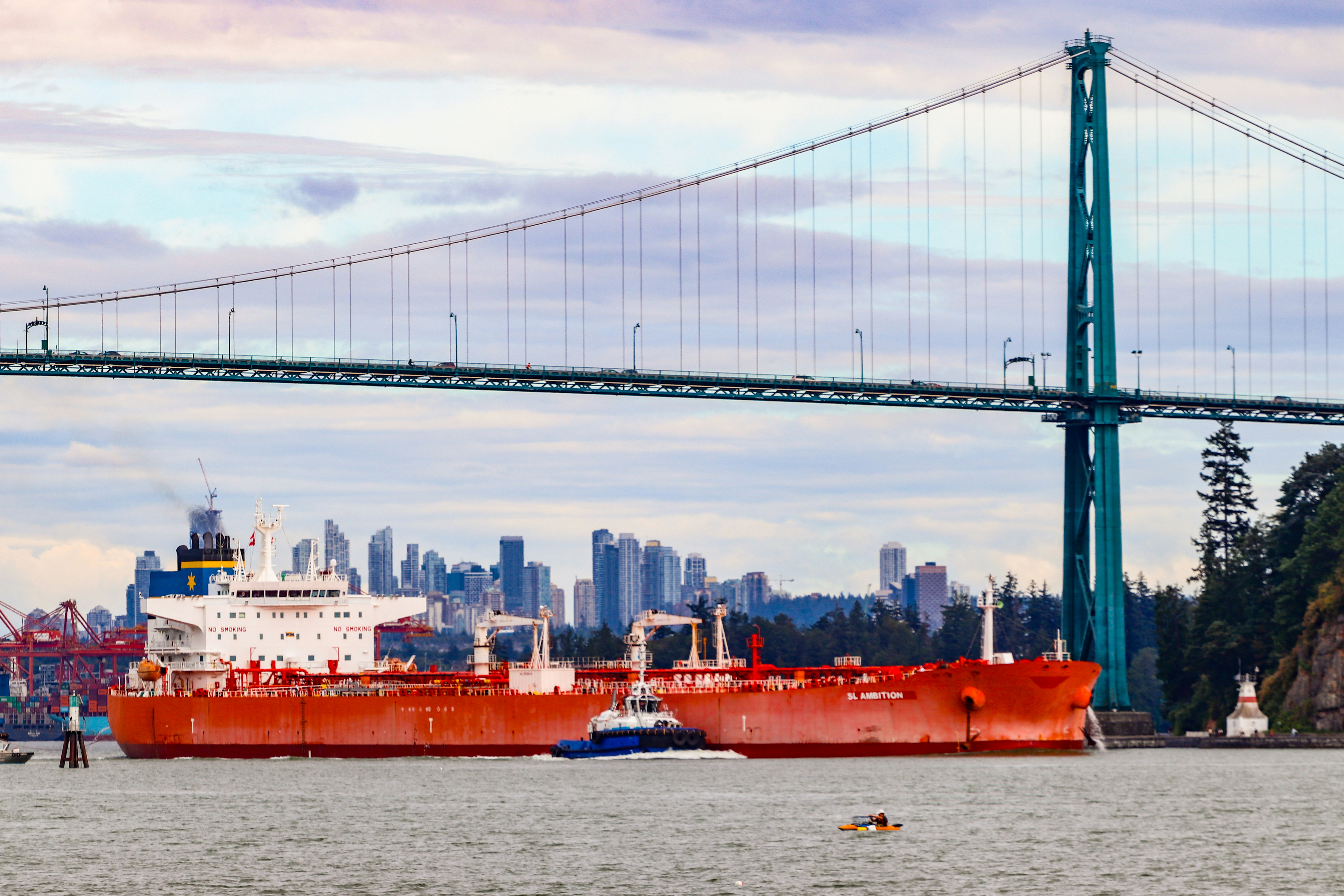 Due navi cargo rosse sotto un ponte e lo skyline della città.