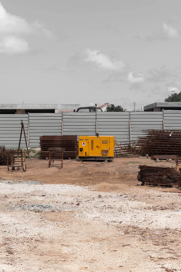 Yellow generator on a dirt construction site providing site power