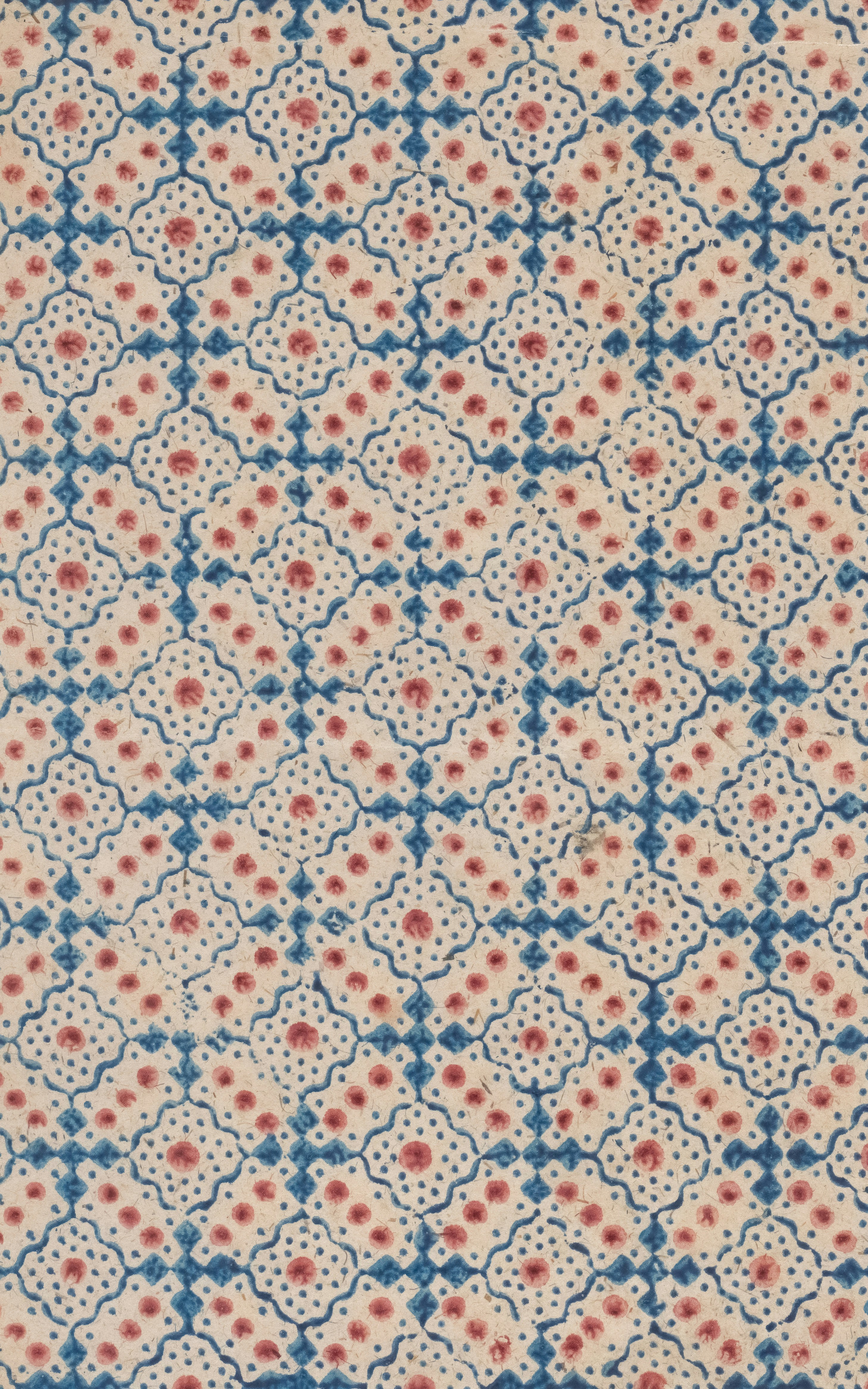 Blue and red geometric pattern on a light textured background.