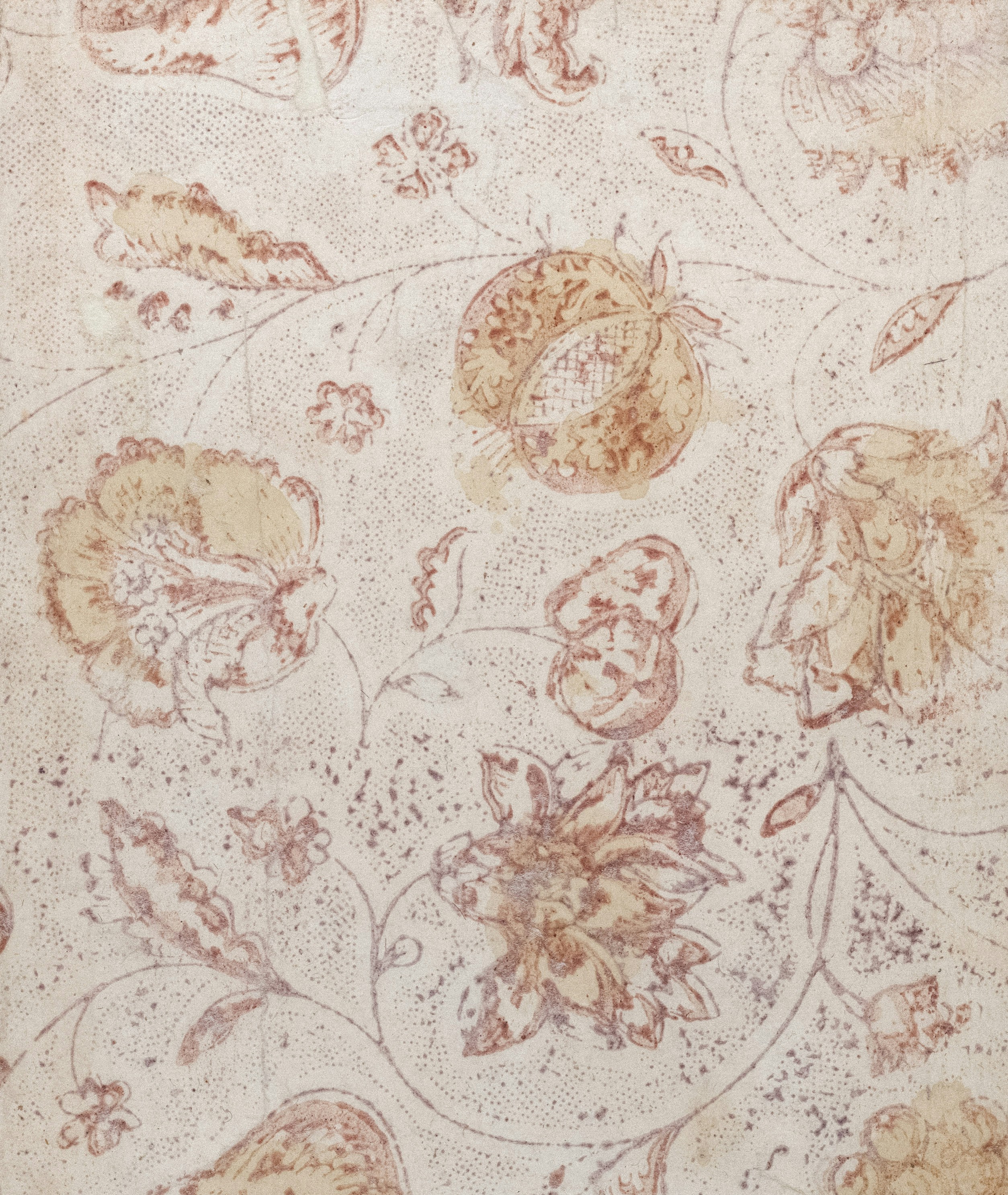 Faded floral pattern in reddish-brown and beige on light background