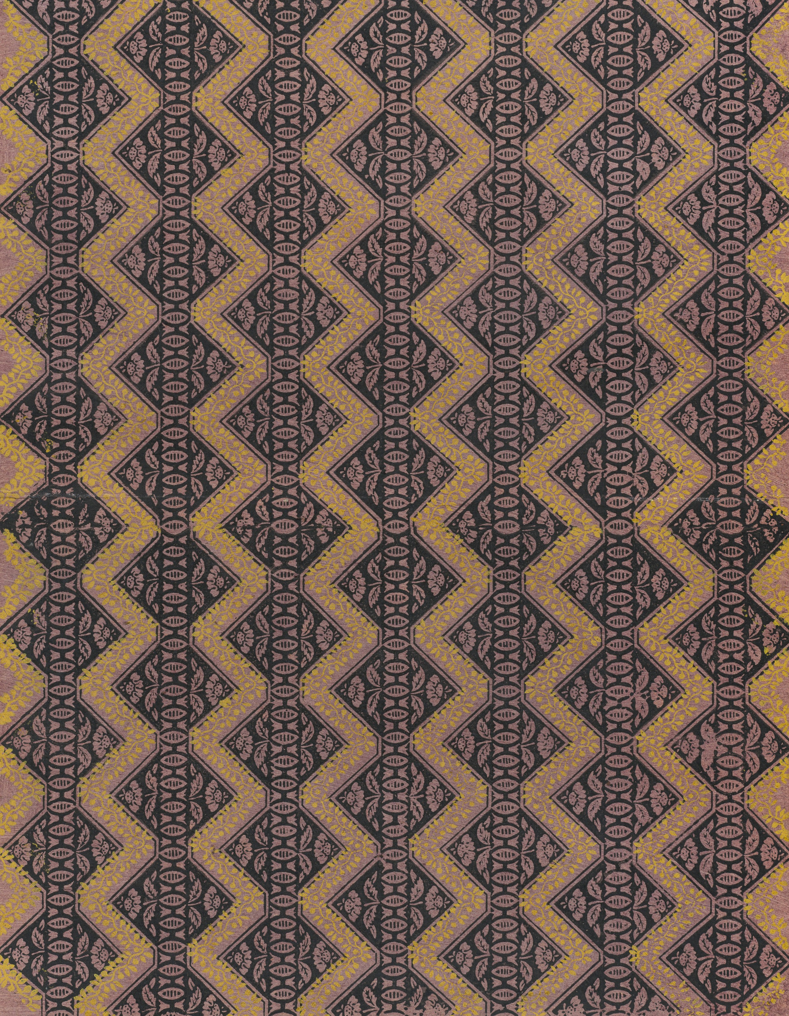 Muted brown and purple textile with geometric zigzag patterns