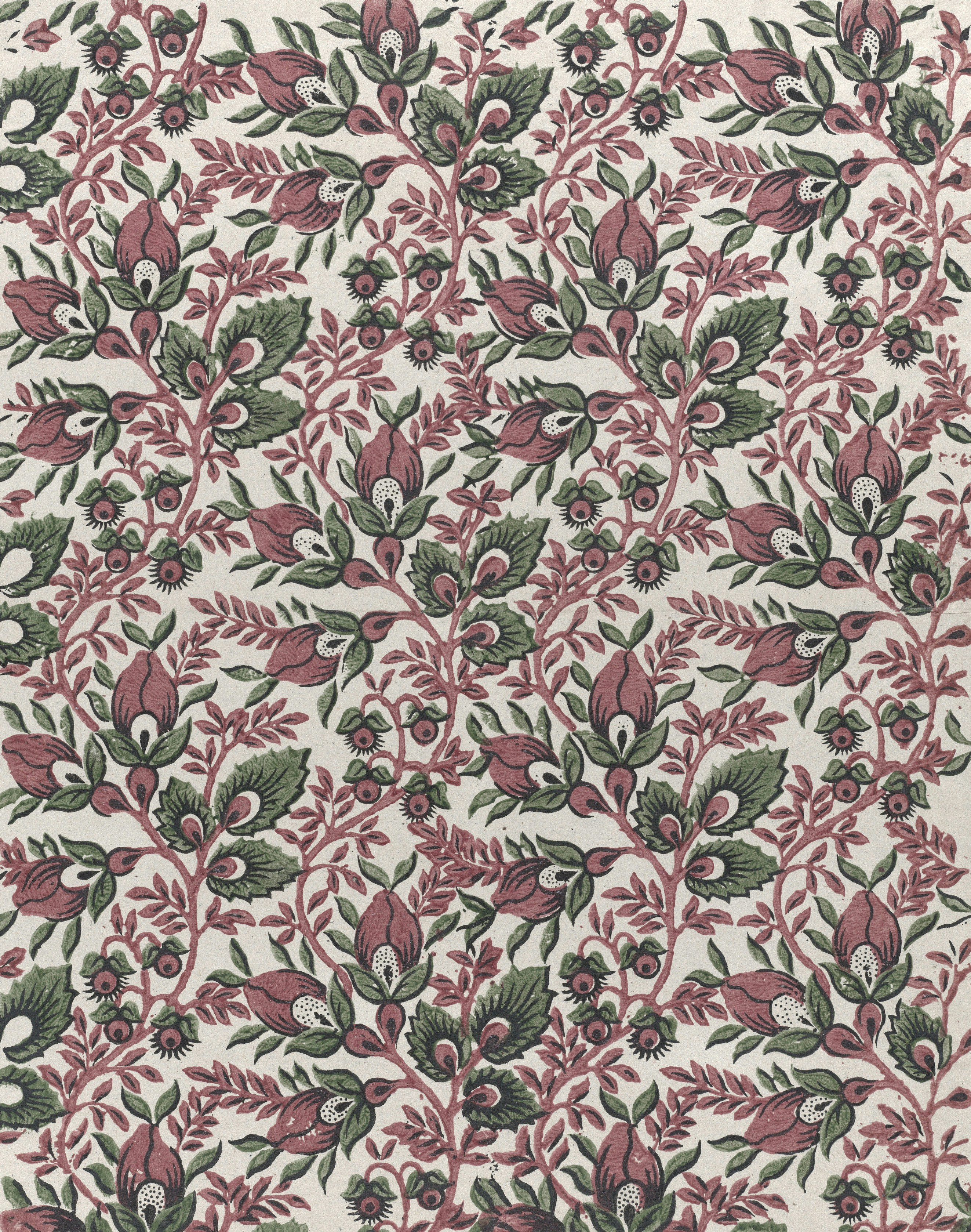 A repeating pattern of pink flower buds and green leaves