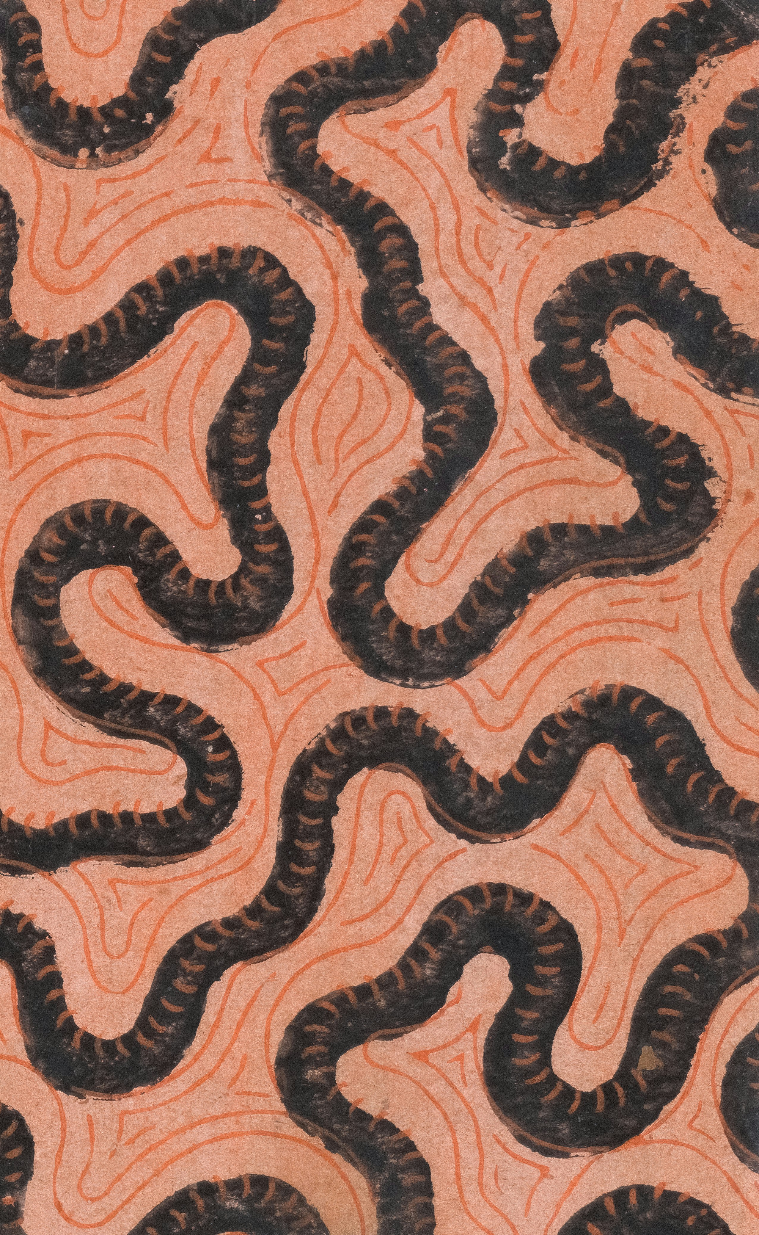 Abstract pattern of dark wavy lines on peach background.