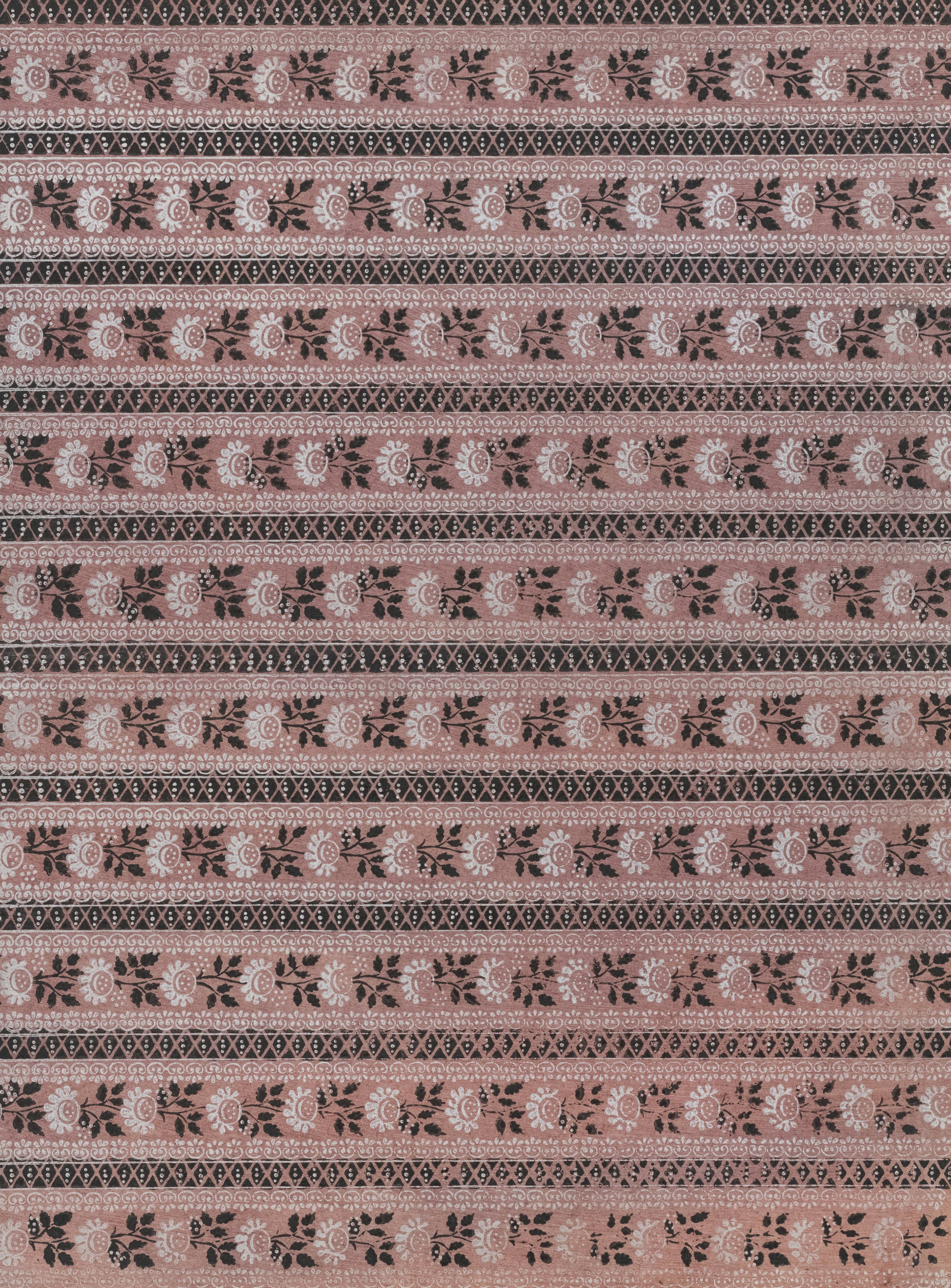 Textile à bandes horizontales ornant des motifs floraux et géométriques