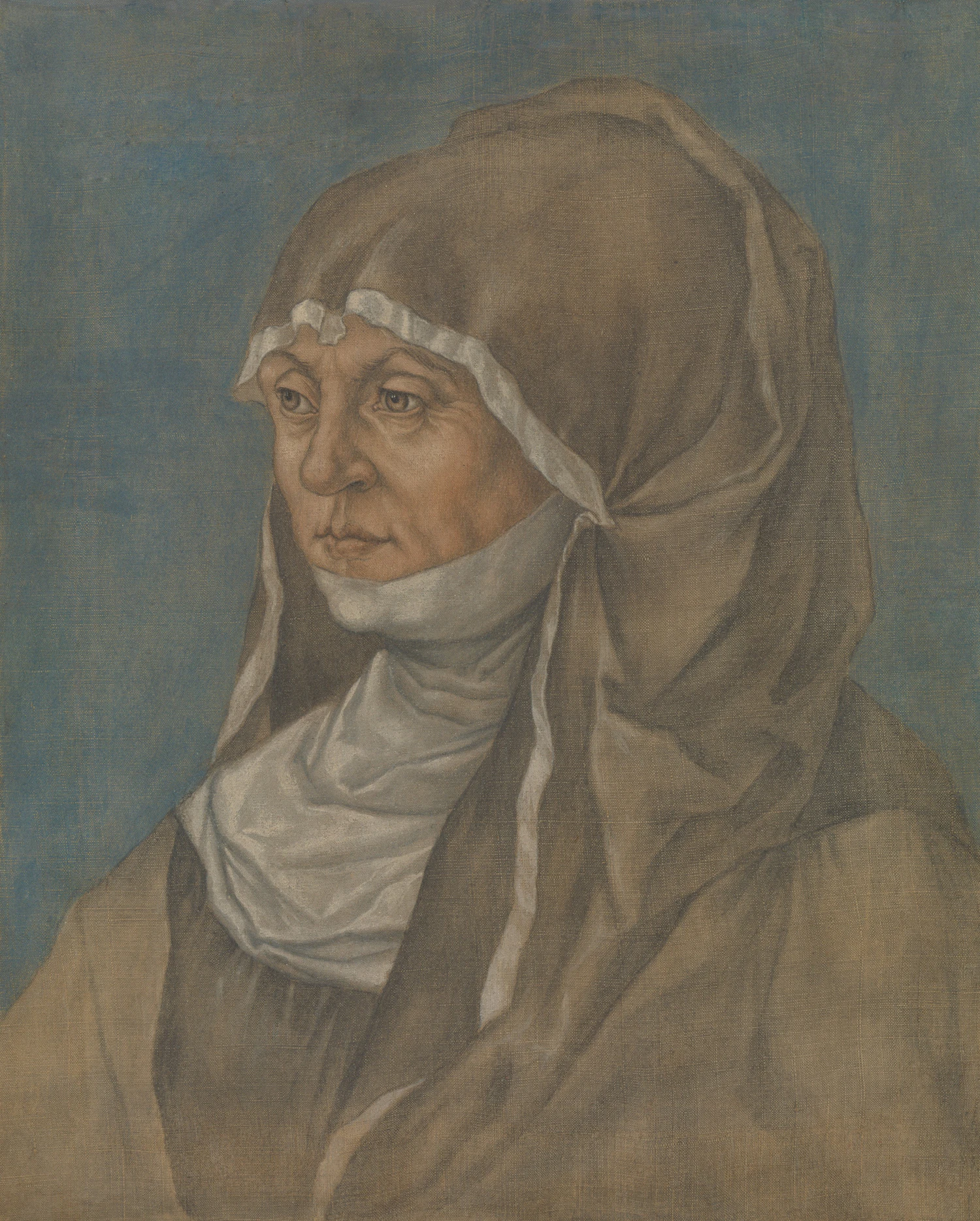 A painted portrait of a woman in a linen cap under an old, yellowed varnish