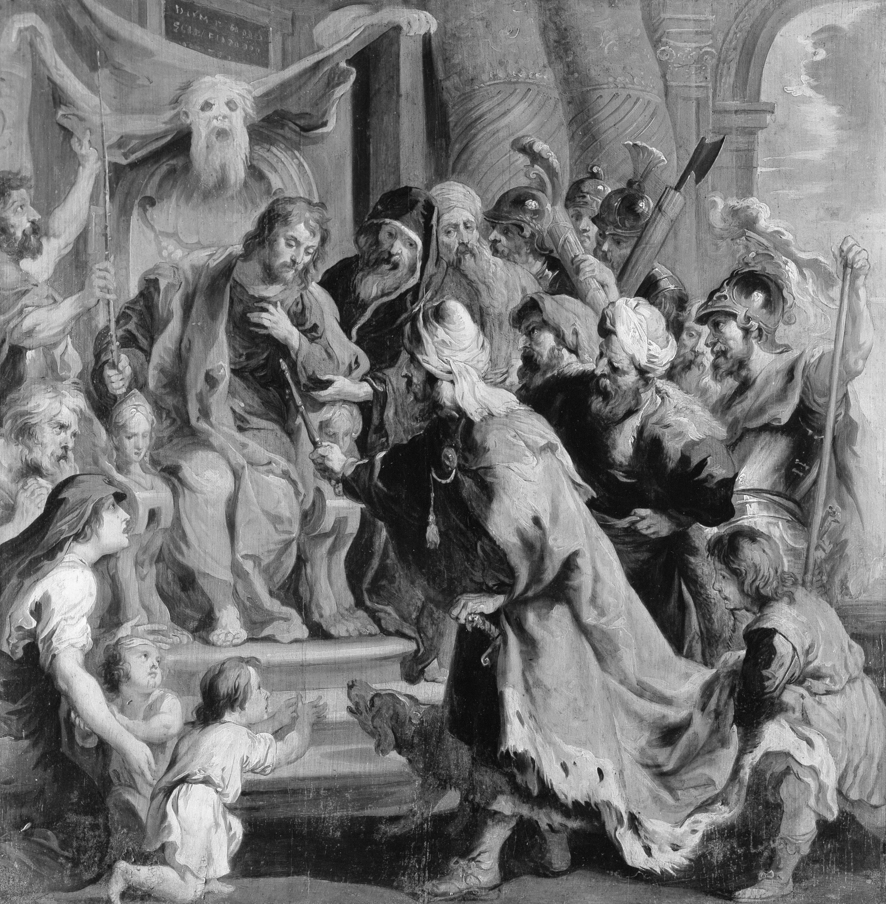 Grayscale painting of many figures interacting with a central person