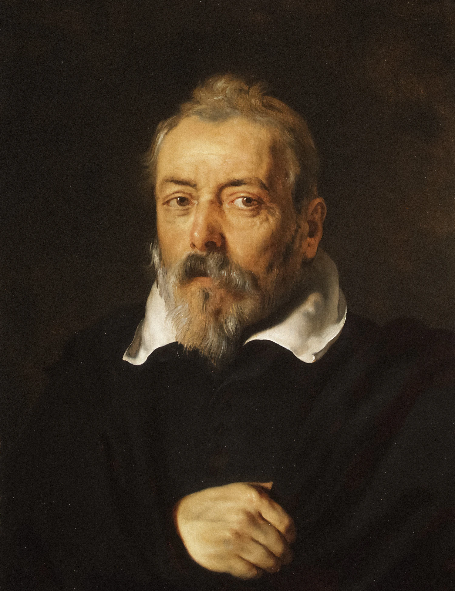Painted portrait of a bearded man in dark clothing against a black ground