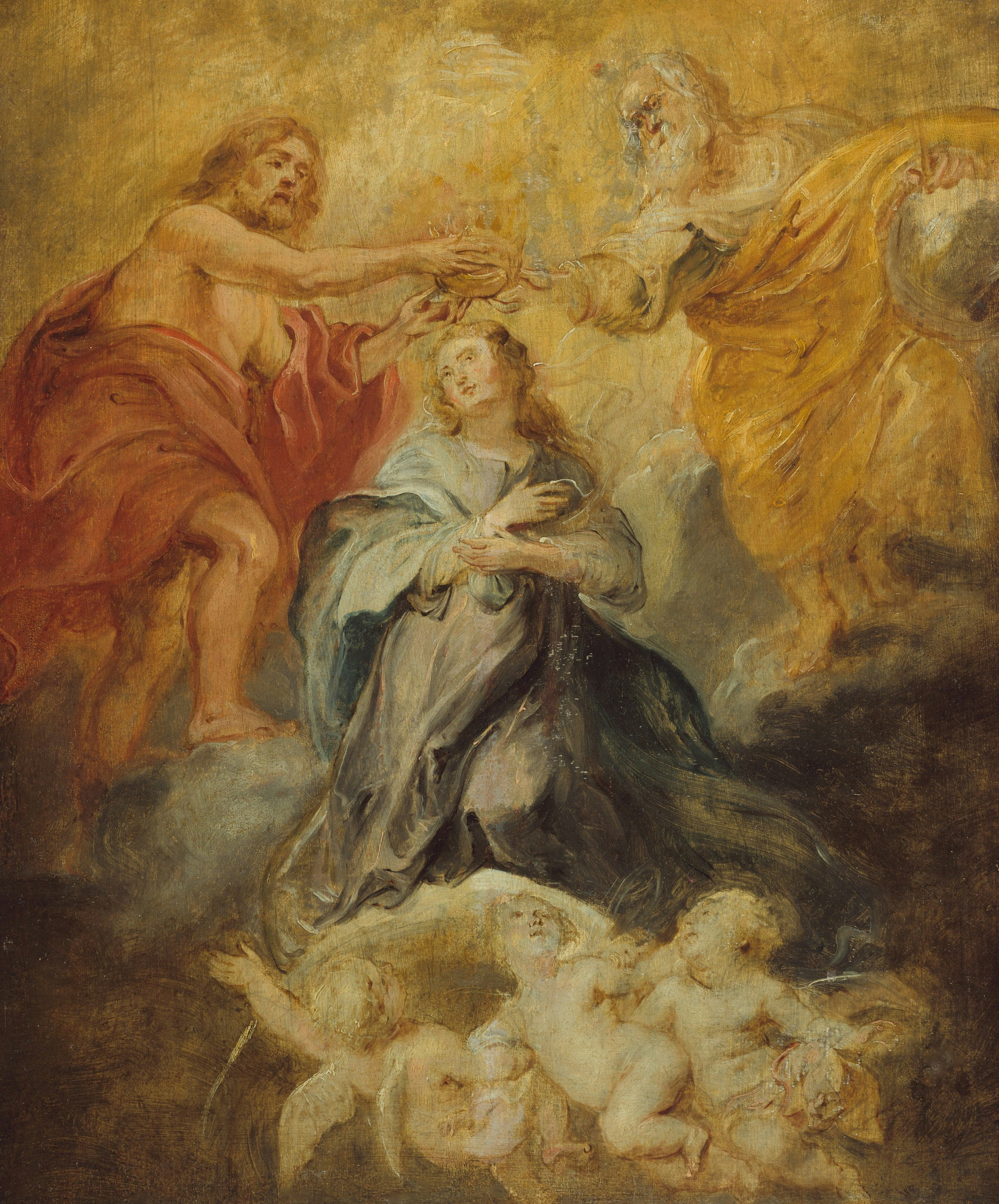 Mary crowned by christ and god with cherubs below.