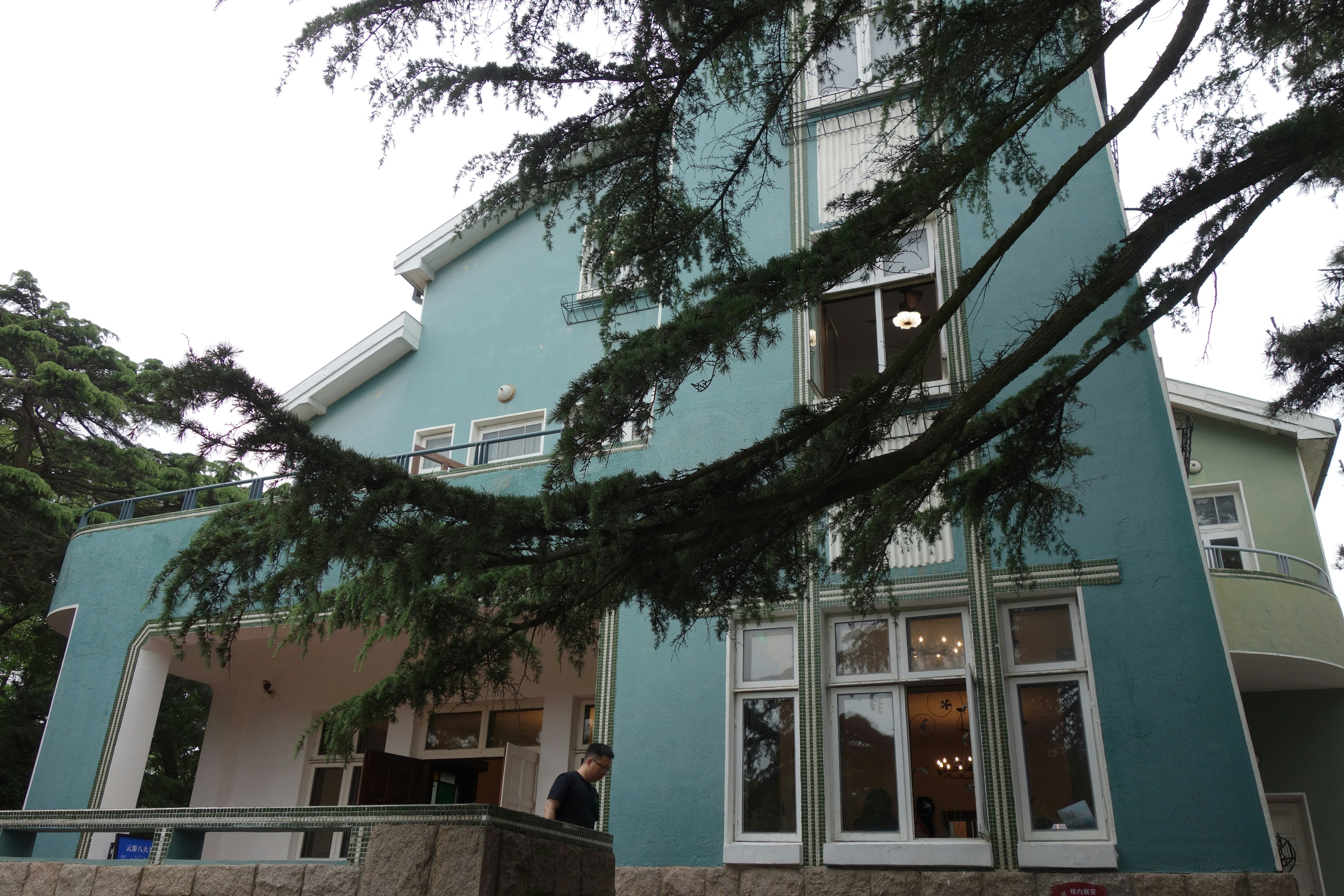 Light blue building with dark tree branches in the foreground.