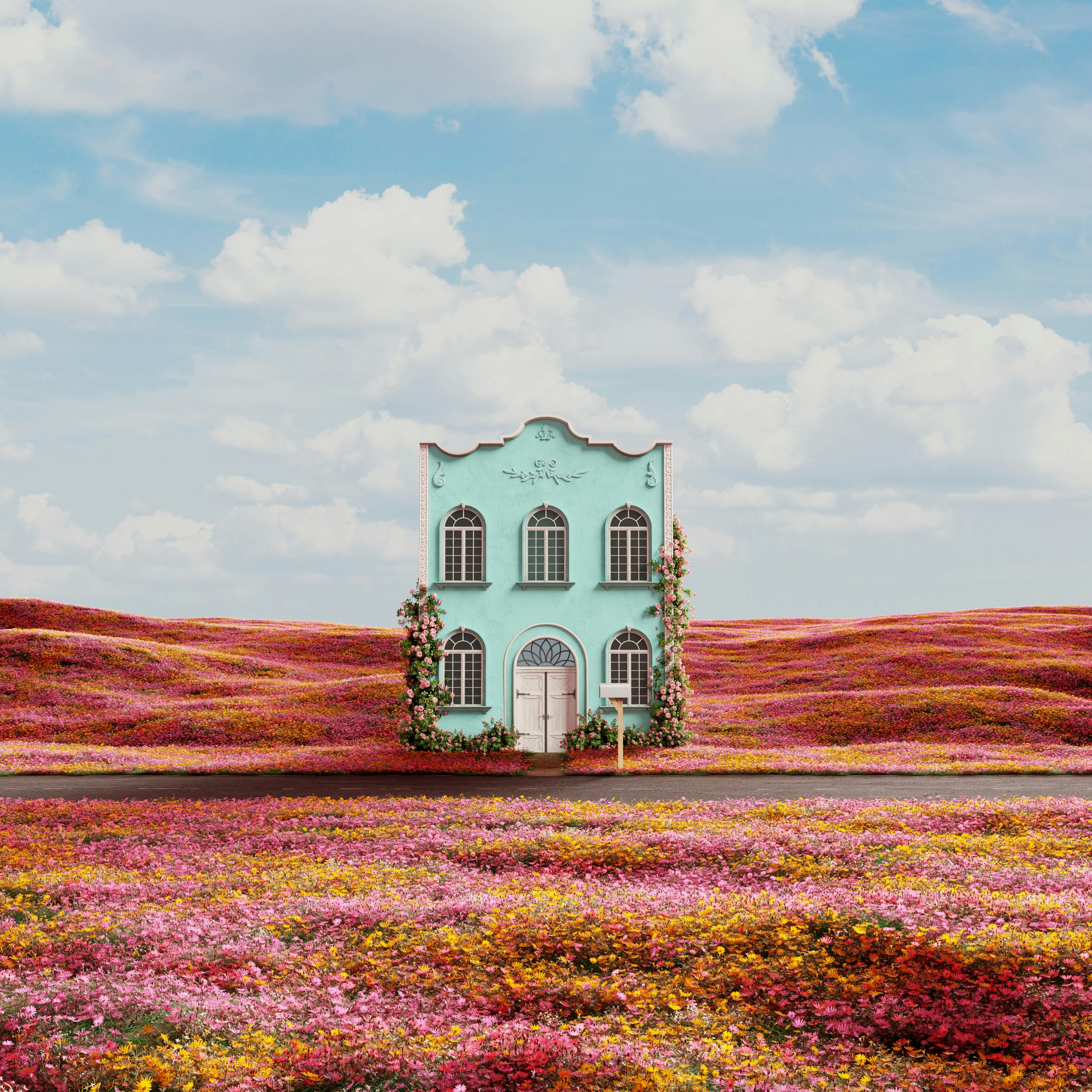 Photo of Dreamy pastel house in a vibrant, surreal field of blossoms. by BROTHERHOOD STUDIO