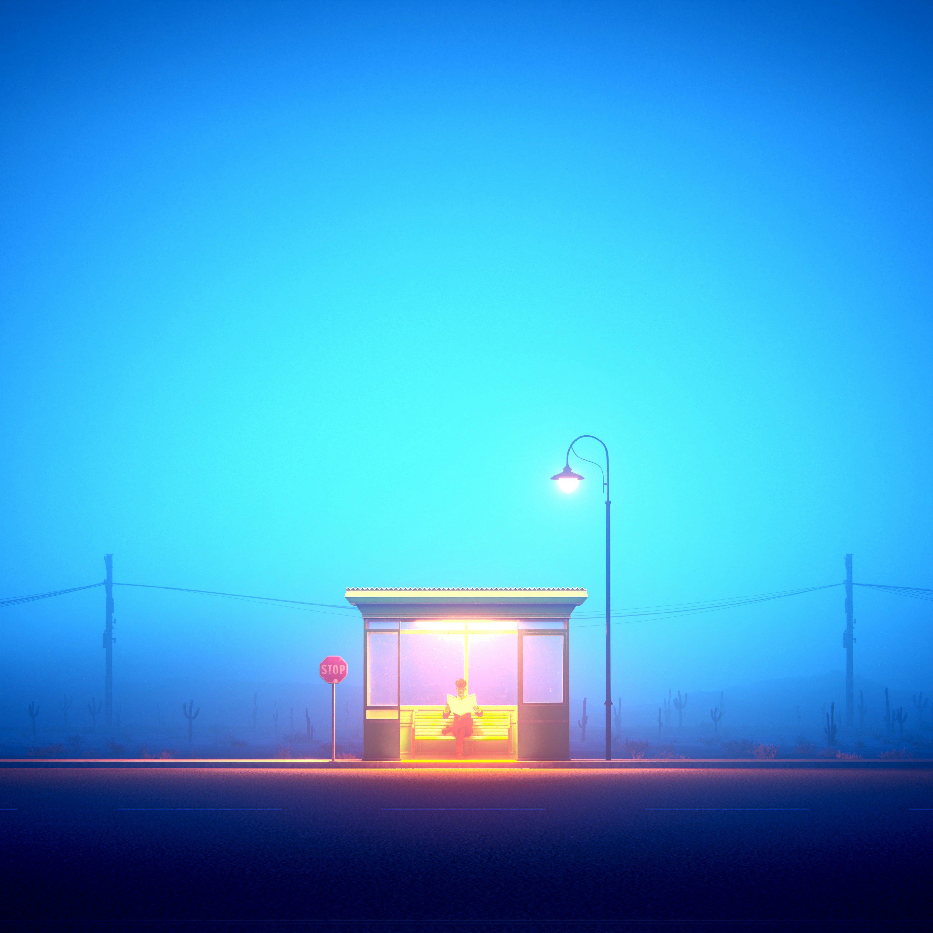 Person sits at a lit bus stop in blue fog