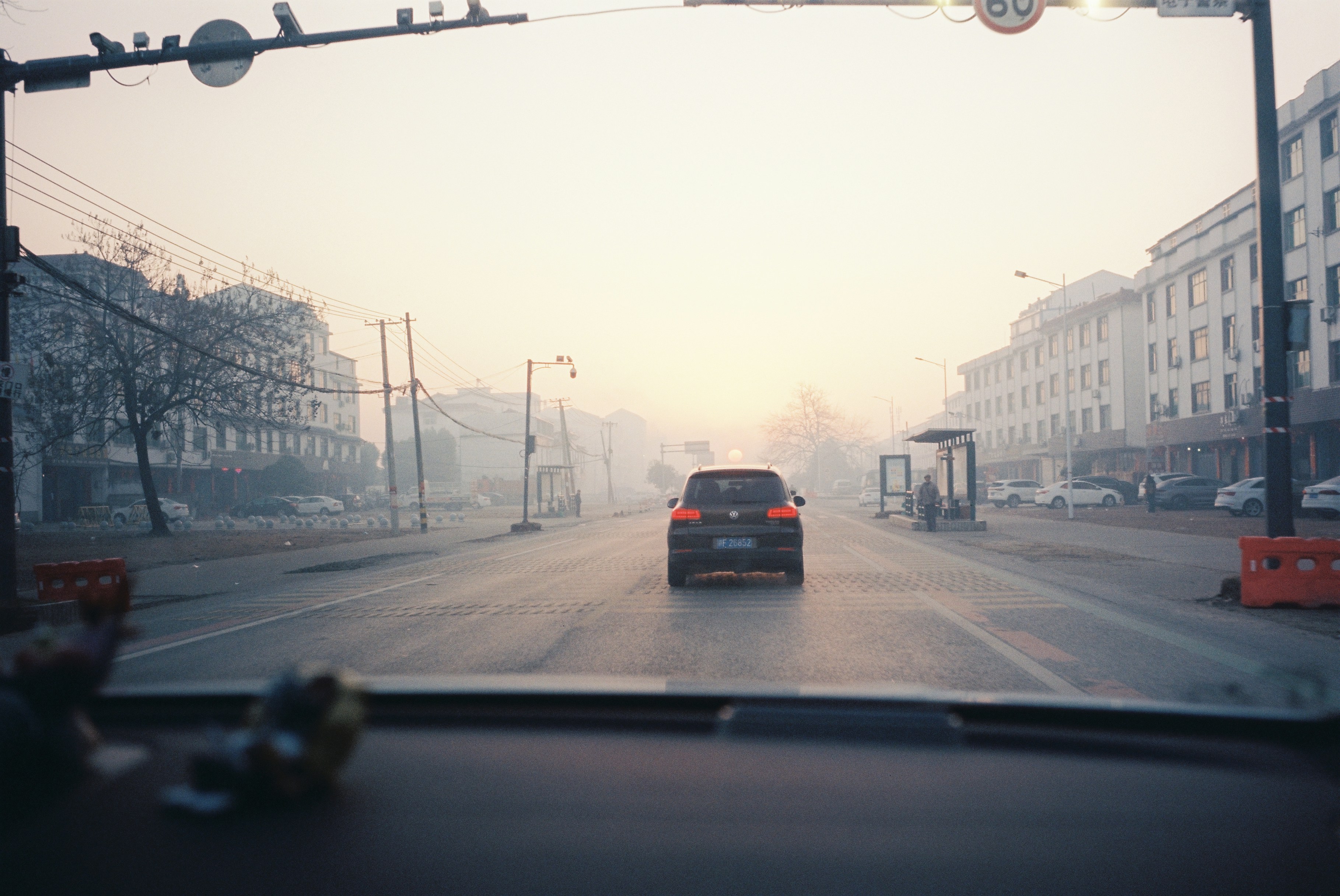 Cars Car Driving On A Foggy City Street During Morning Haze. Full HD Wallpaper #3289