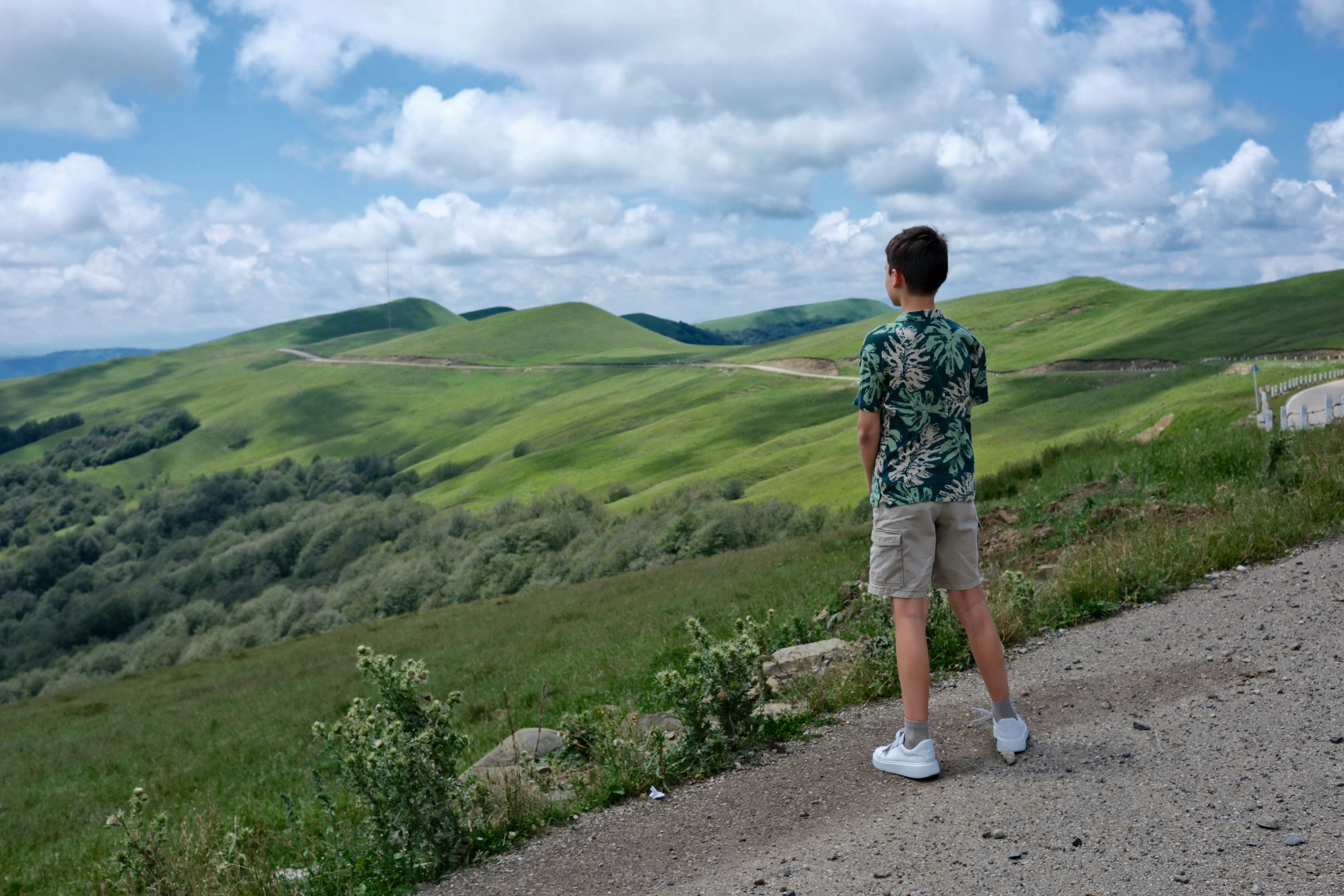 Young person admiring expansive green hills under a blue sky